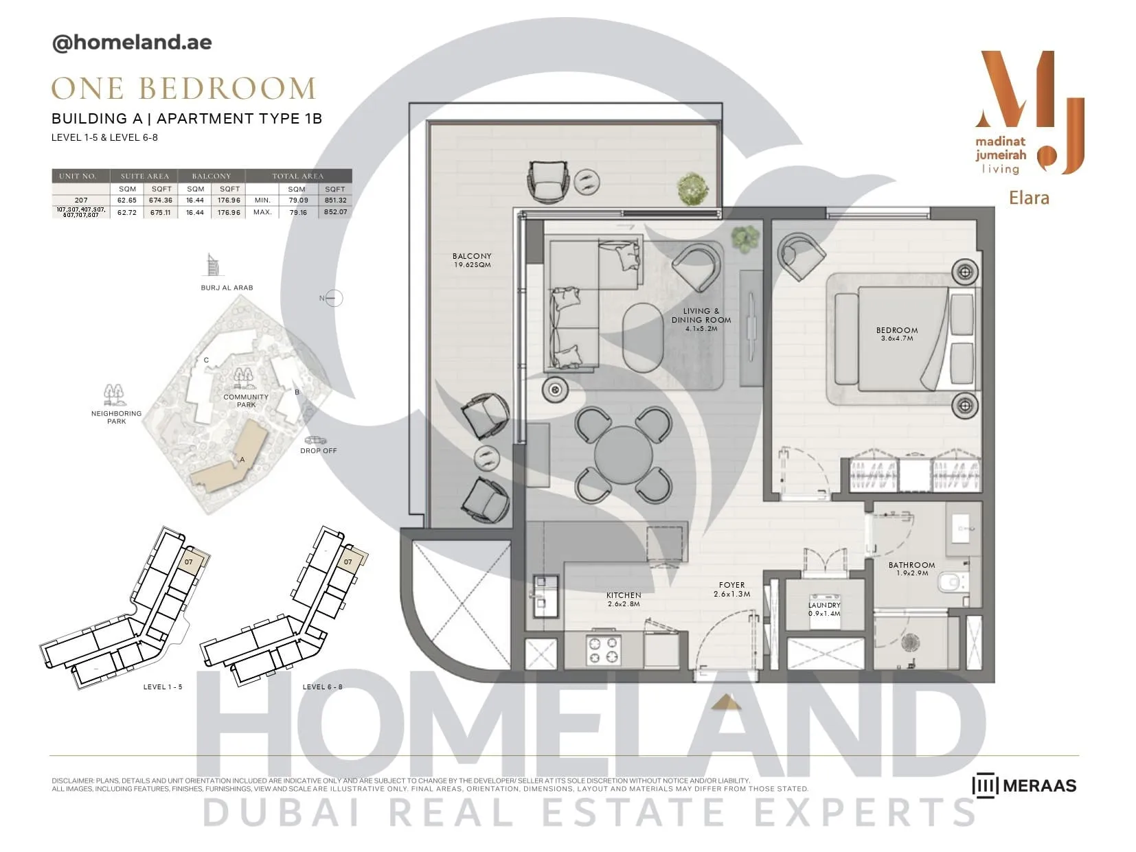 Elara, Building A, Type 1B, 1 BR, Unit 107-207-307-407-507-707-807, Level 1-5-6-8, 852 SQFT