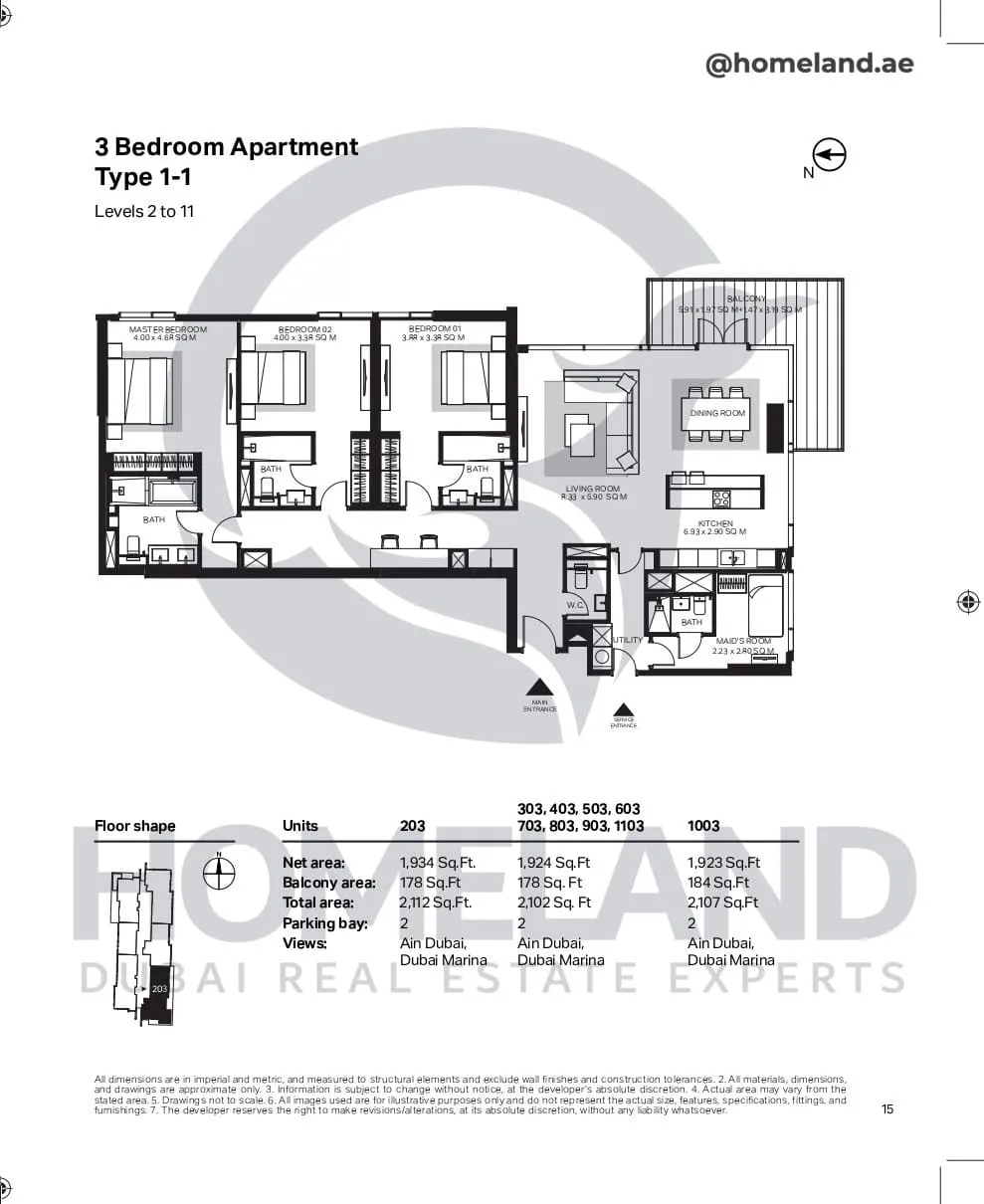 Bluewaters Residential Building Tower 6, 3 BR, Type 1-1, Level 2-11, Unit 203-303-403-503-603-703-803-903-1003-1103, 2112 SQFT
