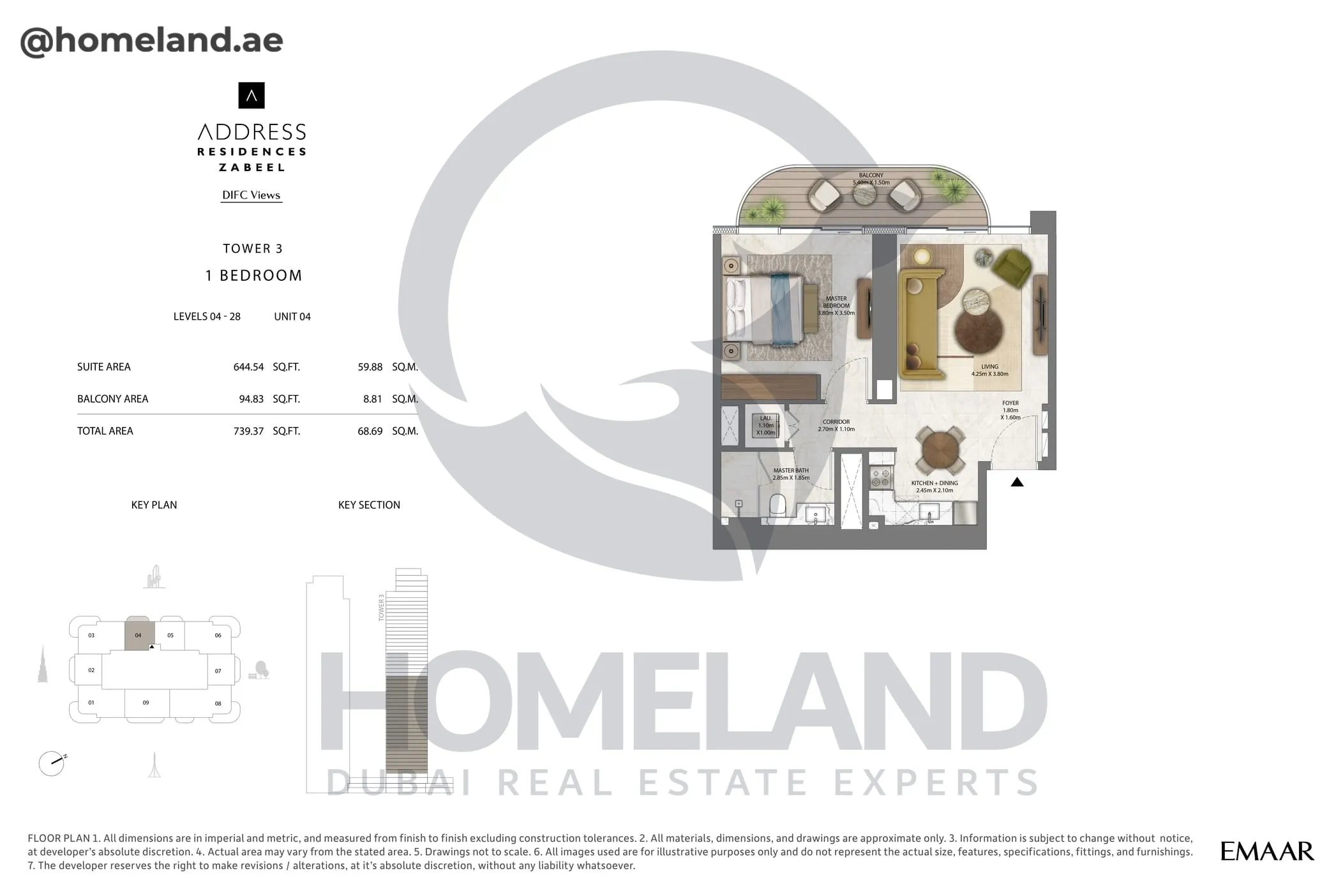 Address Residences Zabeel, Tower 3, 1BR, Level 4-28, Unit 04, 739 SQFT