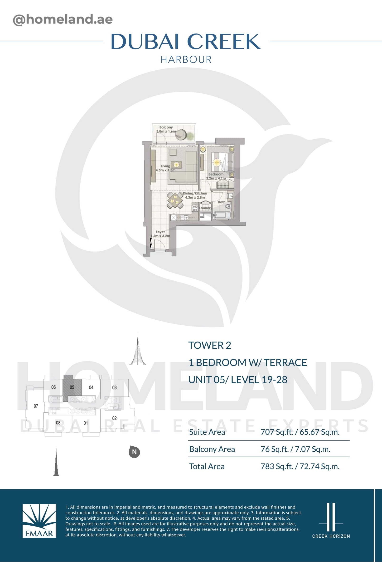 Creek Horizon, Tower 2, 1 BR Terrace, Unit 05, Level 19-28, 783 SQFT