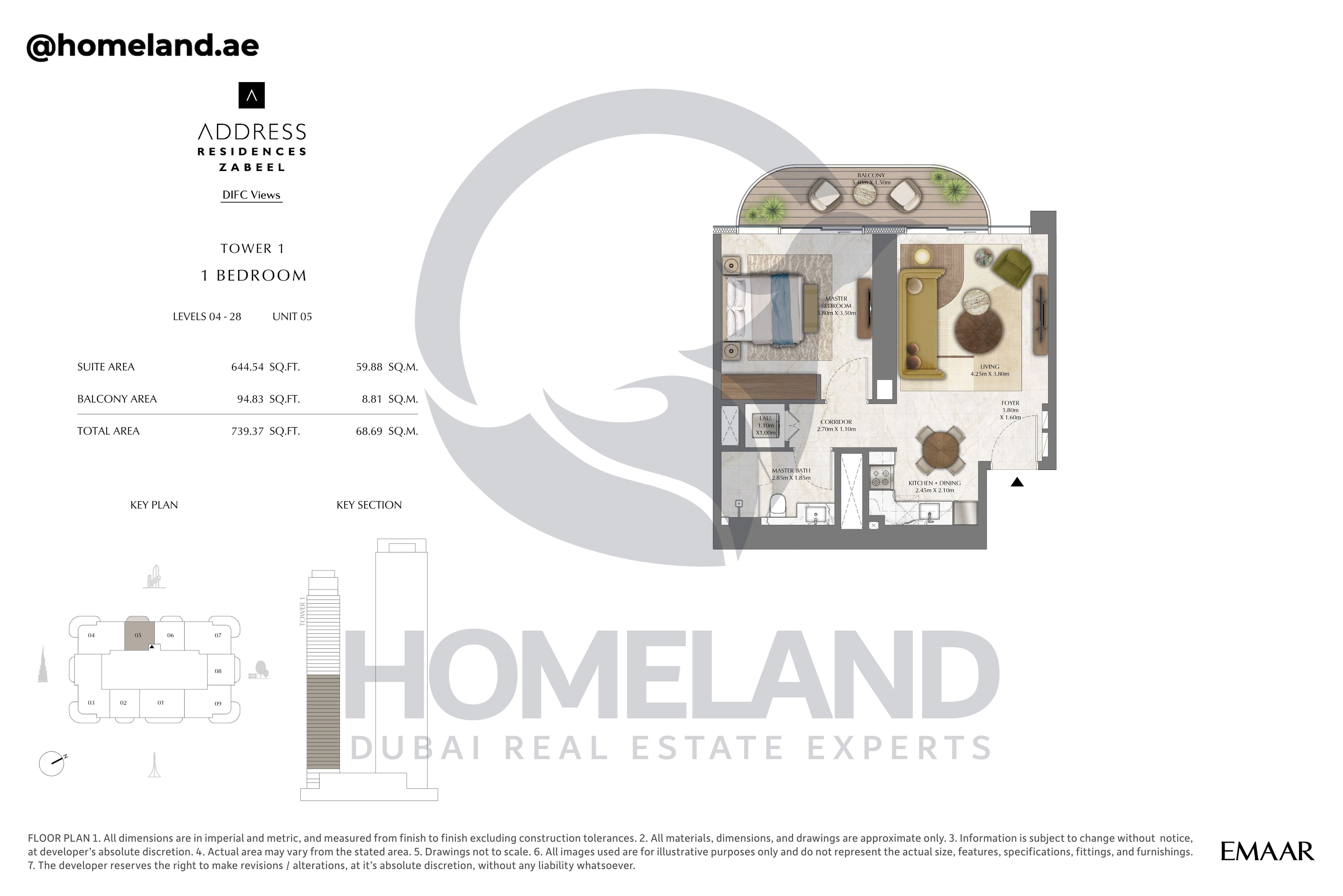 Address Residences Zabeel, Tower 1, 1BR, Level 4-28, Unit 05, 739 SQFT