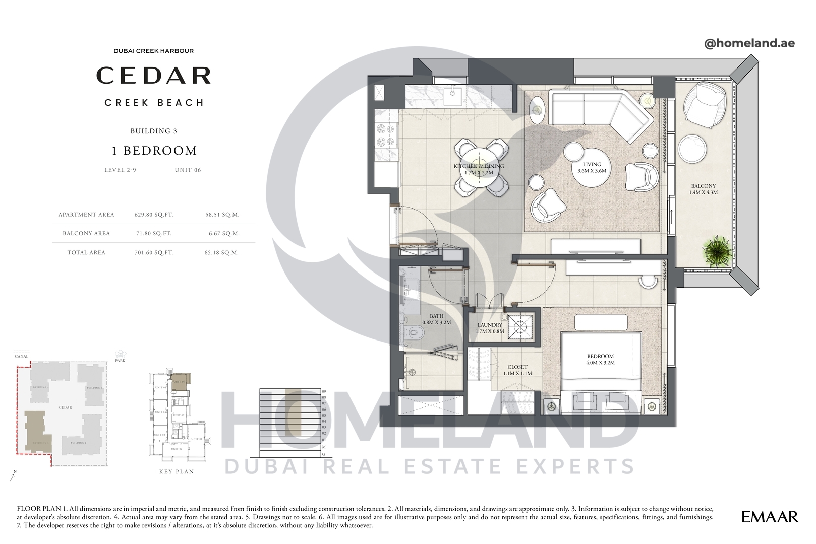 Cedar, Building 3, 1 BR, Level 2-9, Unit 06, 701 SQFT