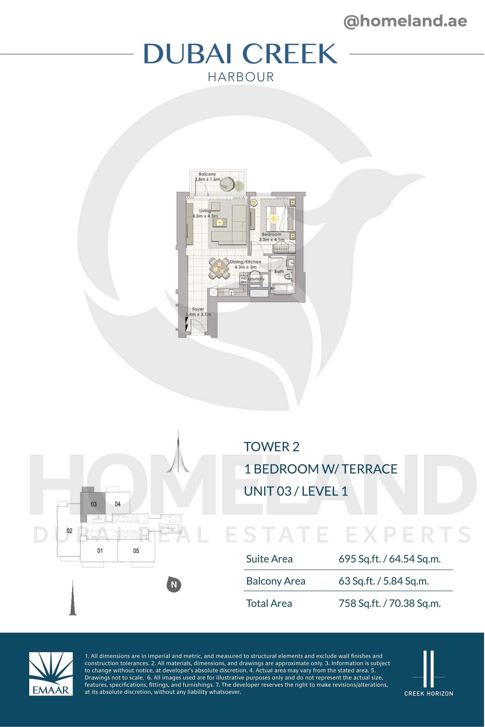 Creek Horizon, Tower 2, 1 BR Terrace, Unit 03, Level 1, 758 SQFT
