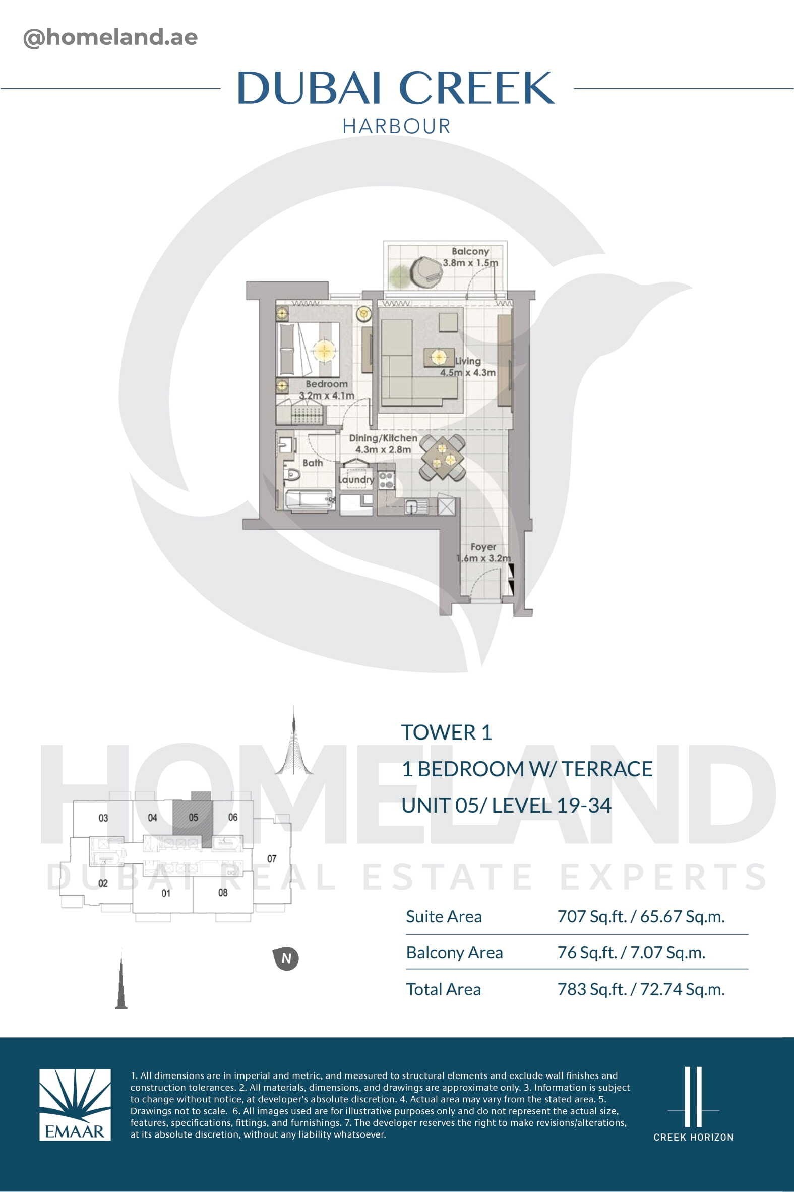 Creek Horizon, Tower 1, 1 BR Terrace, Unit 05, Level 19-34, 783 SQFT