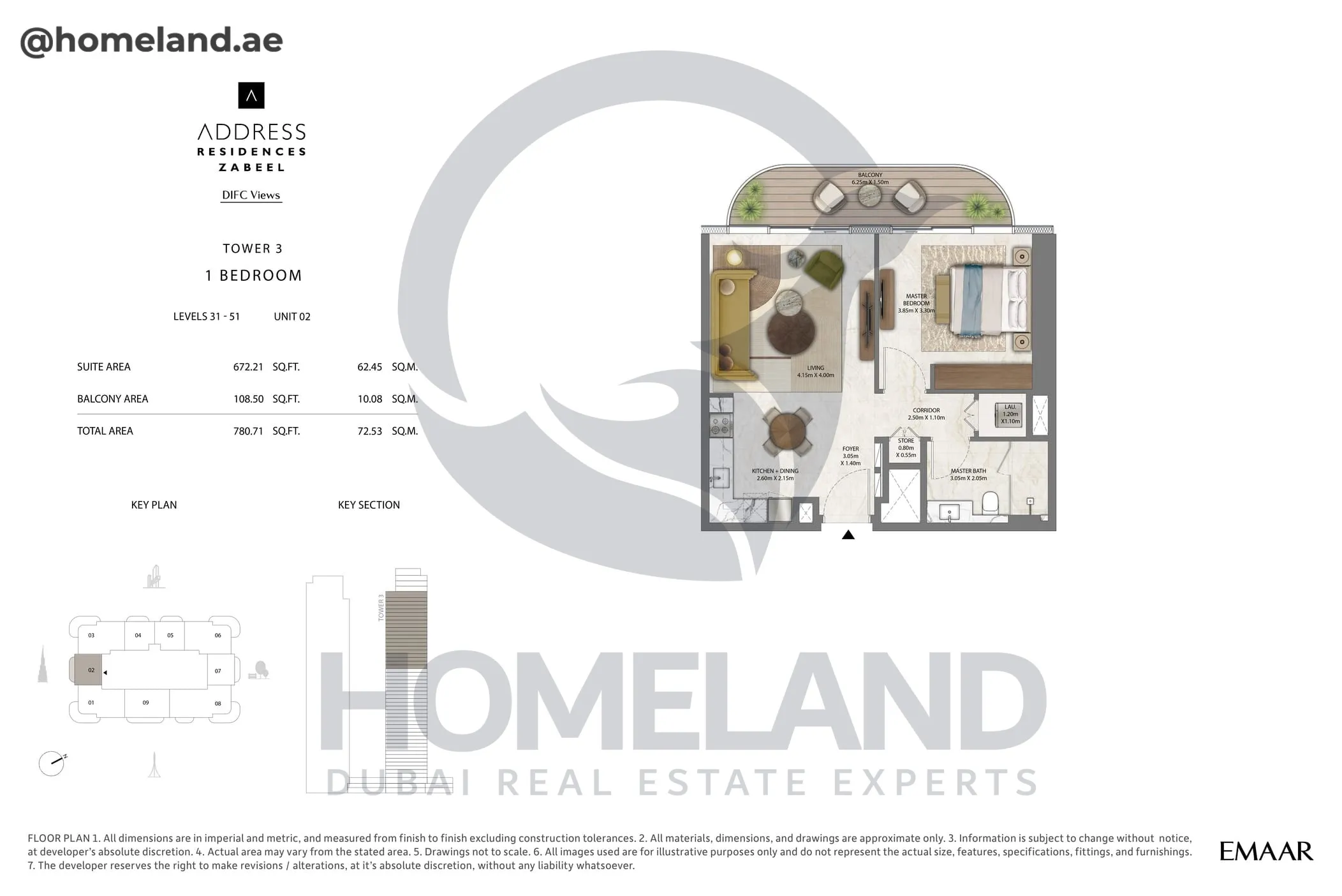 Address Residences Zabeel, Tower 3, 1BR, Level 31-51, Unit 02, 780 SQFT