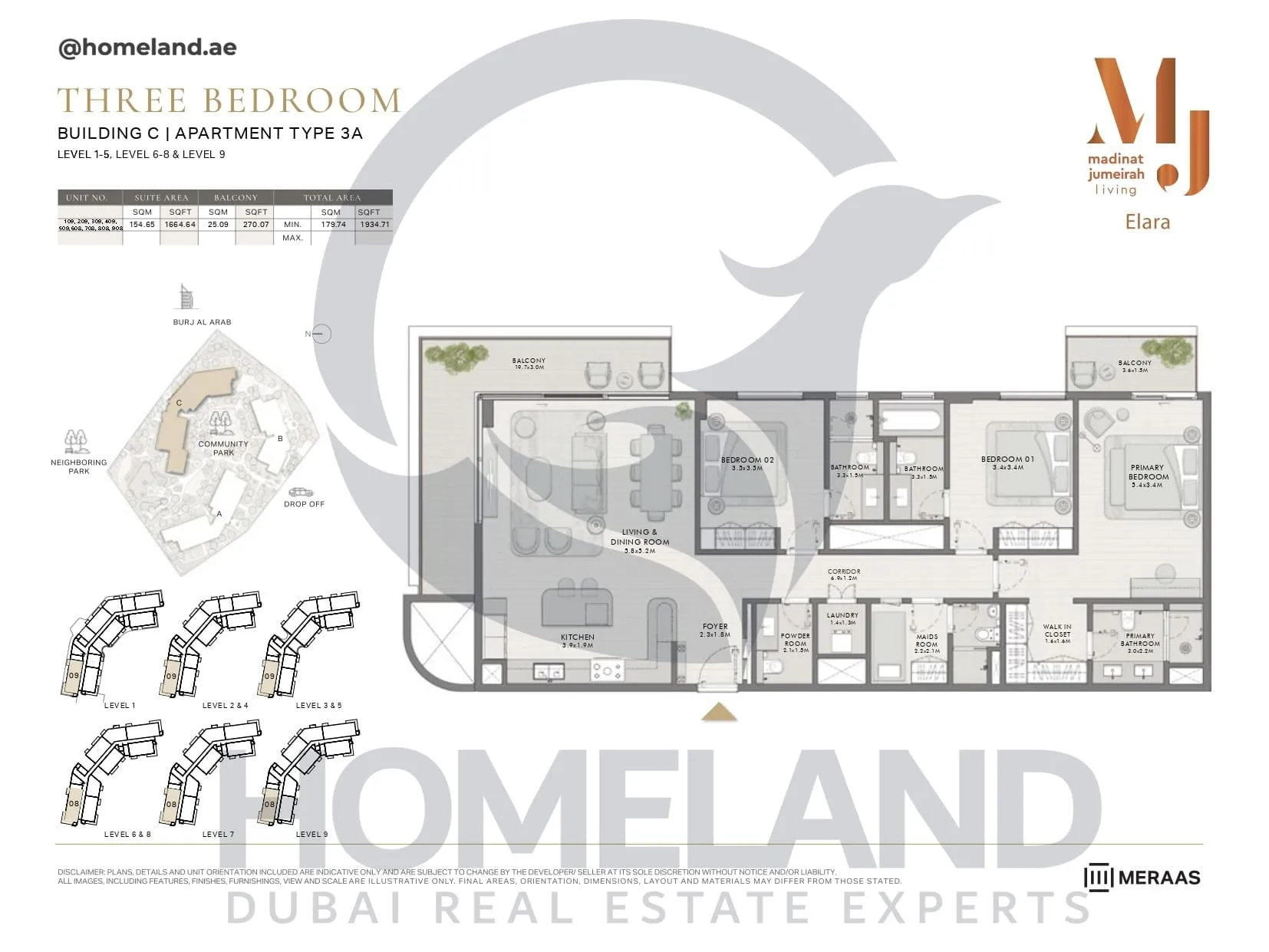 Elara, Building C, Type 3A, 3 BR, Unit 109-209-309-409-509-608-708-808-908, Level 1-5-6-8-9, 1934 SQFT