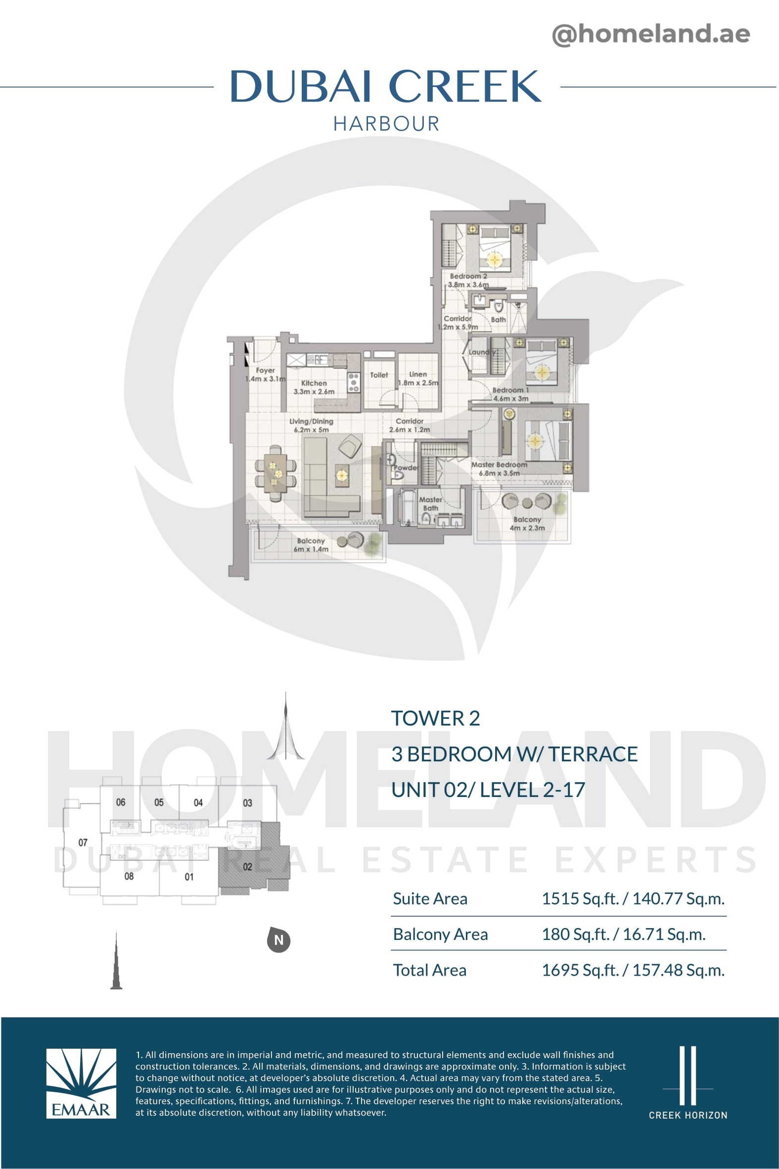 Creek Horizon, Tower 2, 3 BR Terrace, Unit 02, Level 2-17, 1695 SQFT