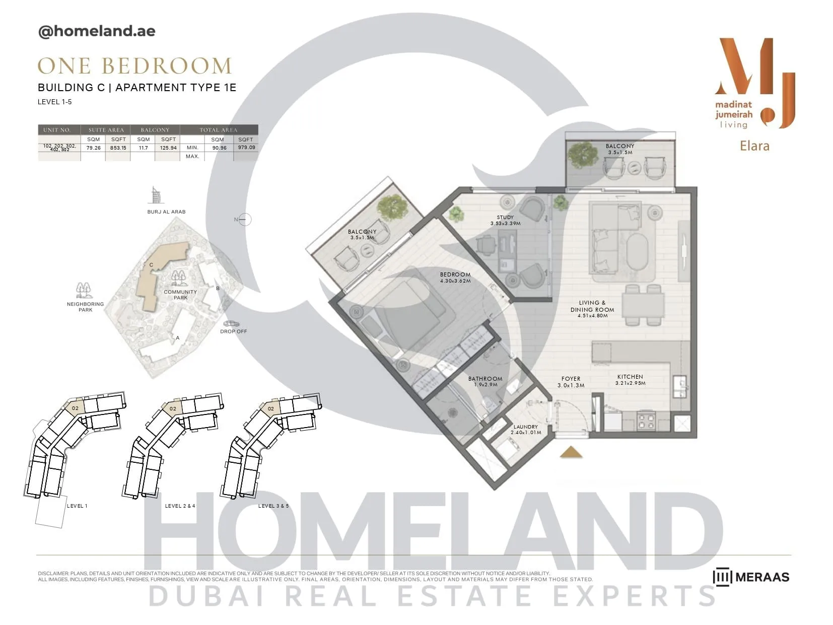 Elara, Building C, Type 1E, 1 BR, Unit 102-202-302-402-502, Level 1-5, 979 SQFT