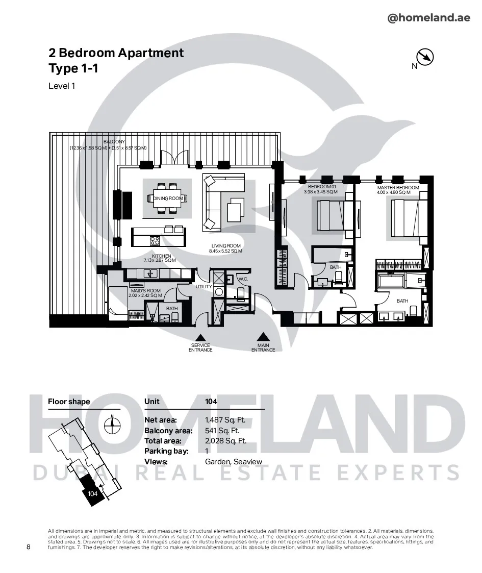 Bluewaters Residential Building Tower 7, 2 BR, Type 1-1, Level 1, Unit 104, 2028 SQFT