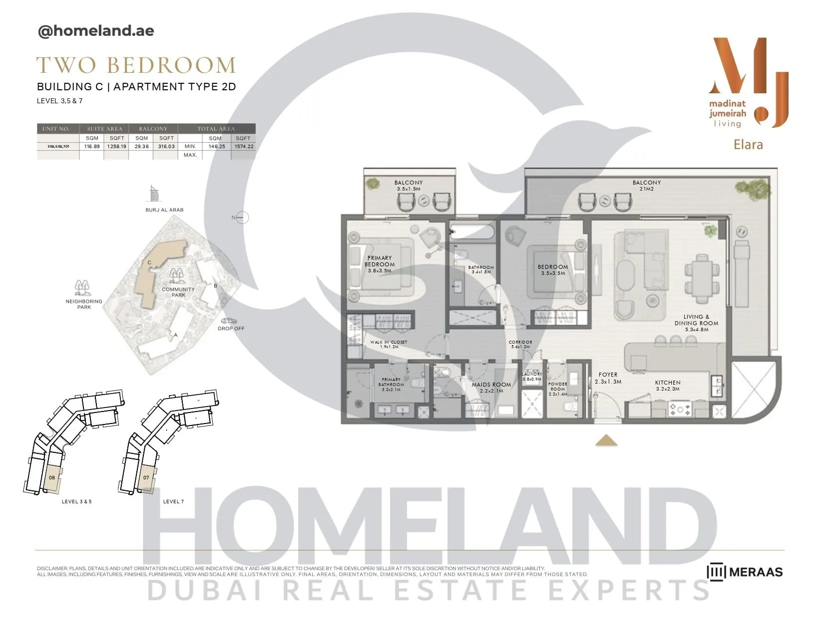 Elara, Building C, Type 2D, 2 BR, Unit 308-508-707, Level 3-5-7, 1574 SQFT
