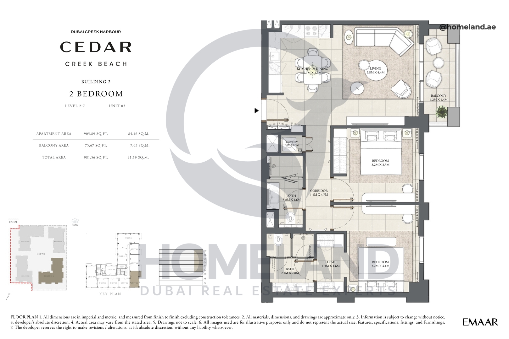 Cedar, Building 2, 2 BR, Level 2-7, Unit 03, 981 SQFT