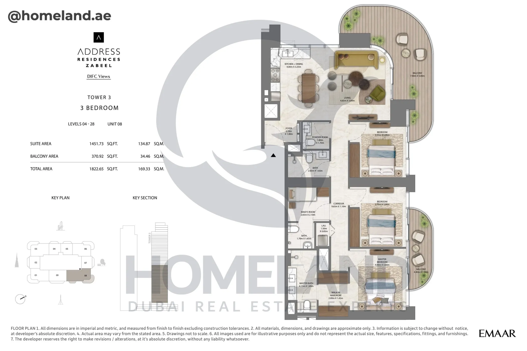 Address Residences Zabeel, Tower 3, 3BR, Level 4-28, Unit 08, 1822 SQFT