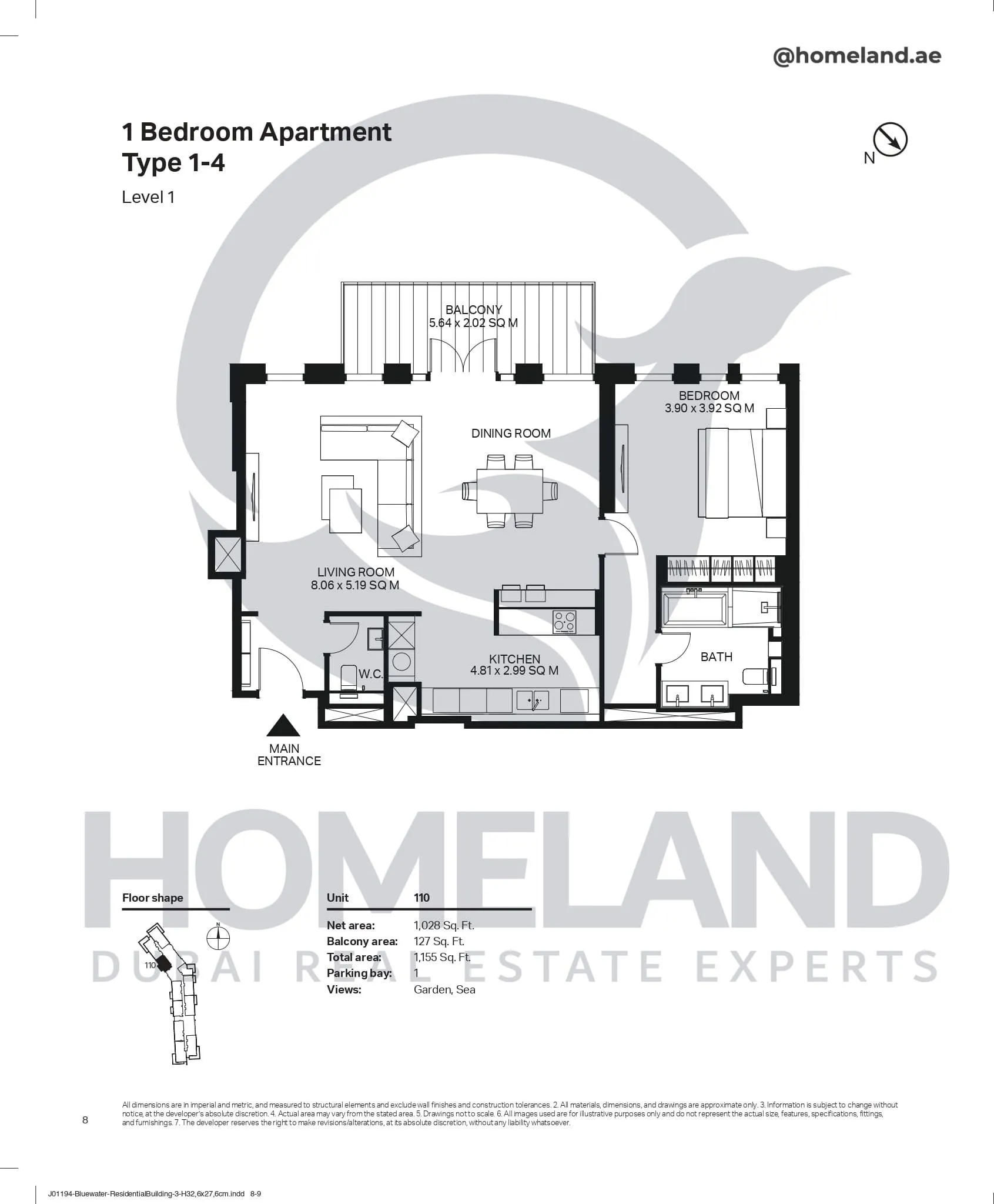 Bluewaters Residential Building Tower 3, 1 BR, Type 1, Level 1-4, Unit 110, 1155 SQFT