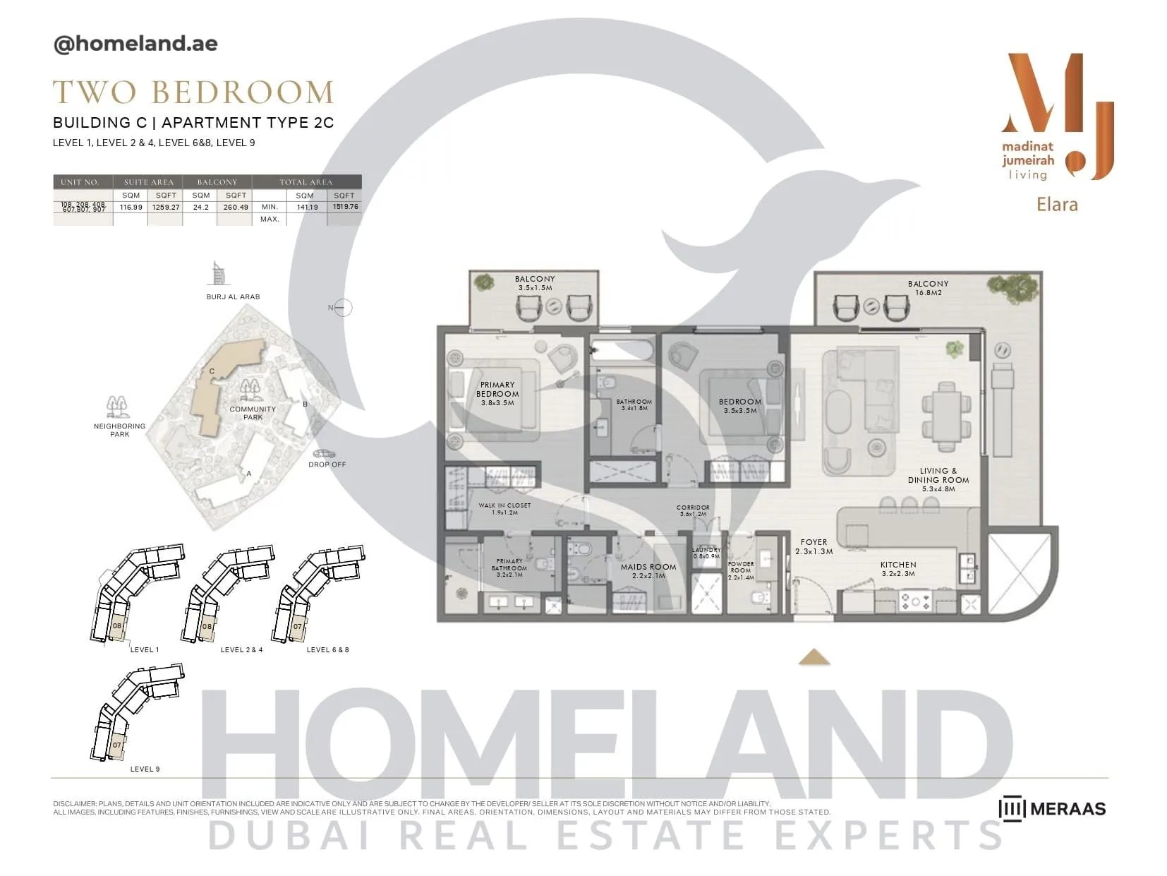 Elara, Building C, Type 2C, 2 BR, Unit 108-208-408-607-807-907, Level 1-2-4-6-8-9, 1519 SQFT