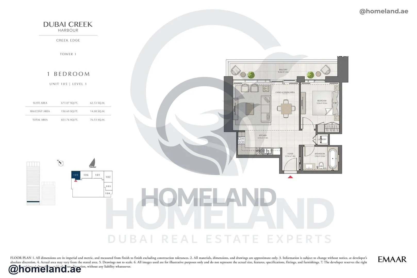 Creek Edge, Tower 1, 1 BR, Unit 105, Level 1, 823 SQFT