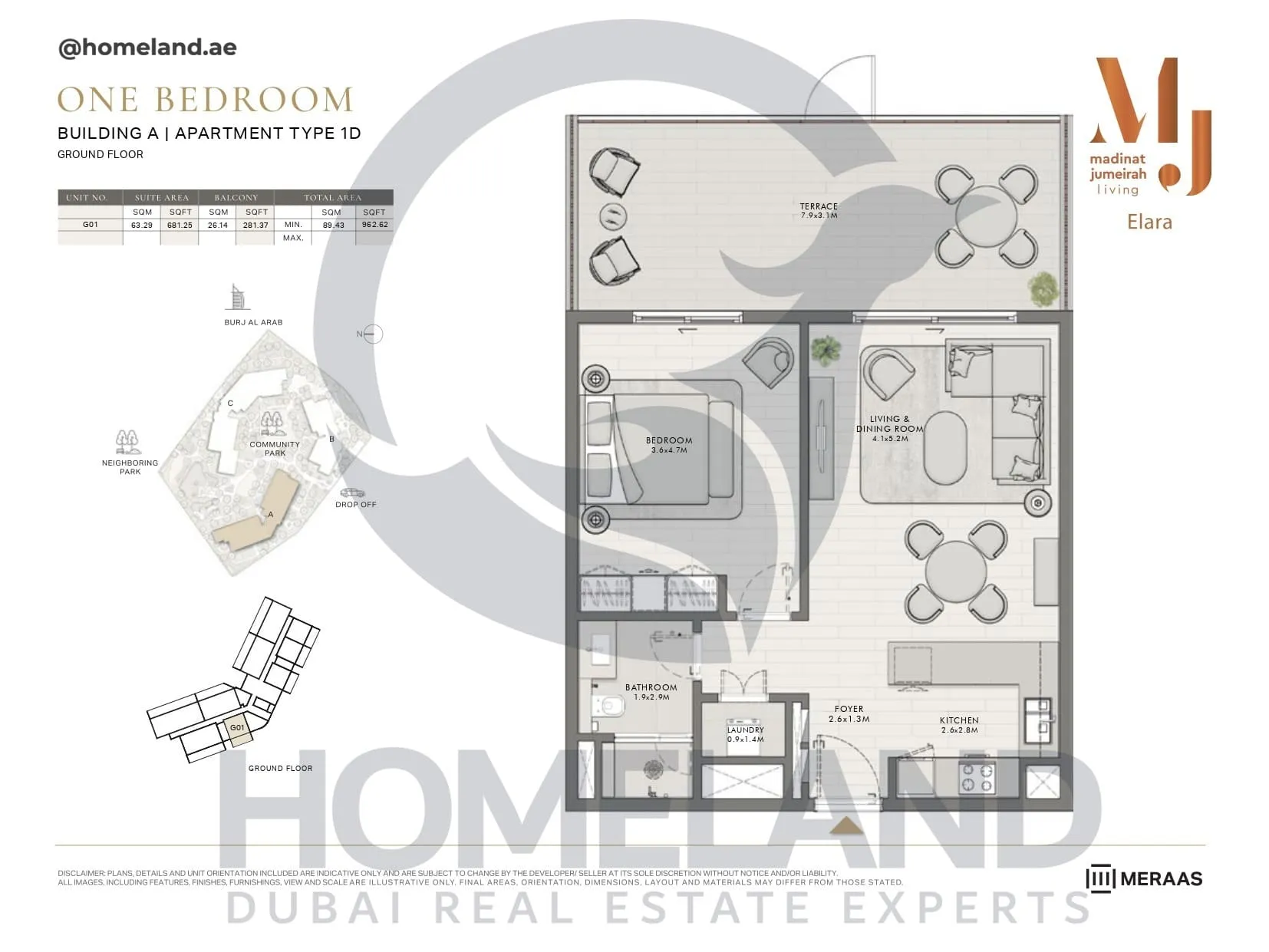 Elara, Building A, Type 1D, 1 BR, Unit G01, Ground Floor, 962 SQFT