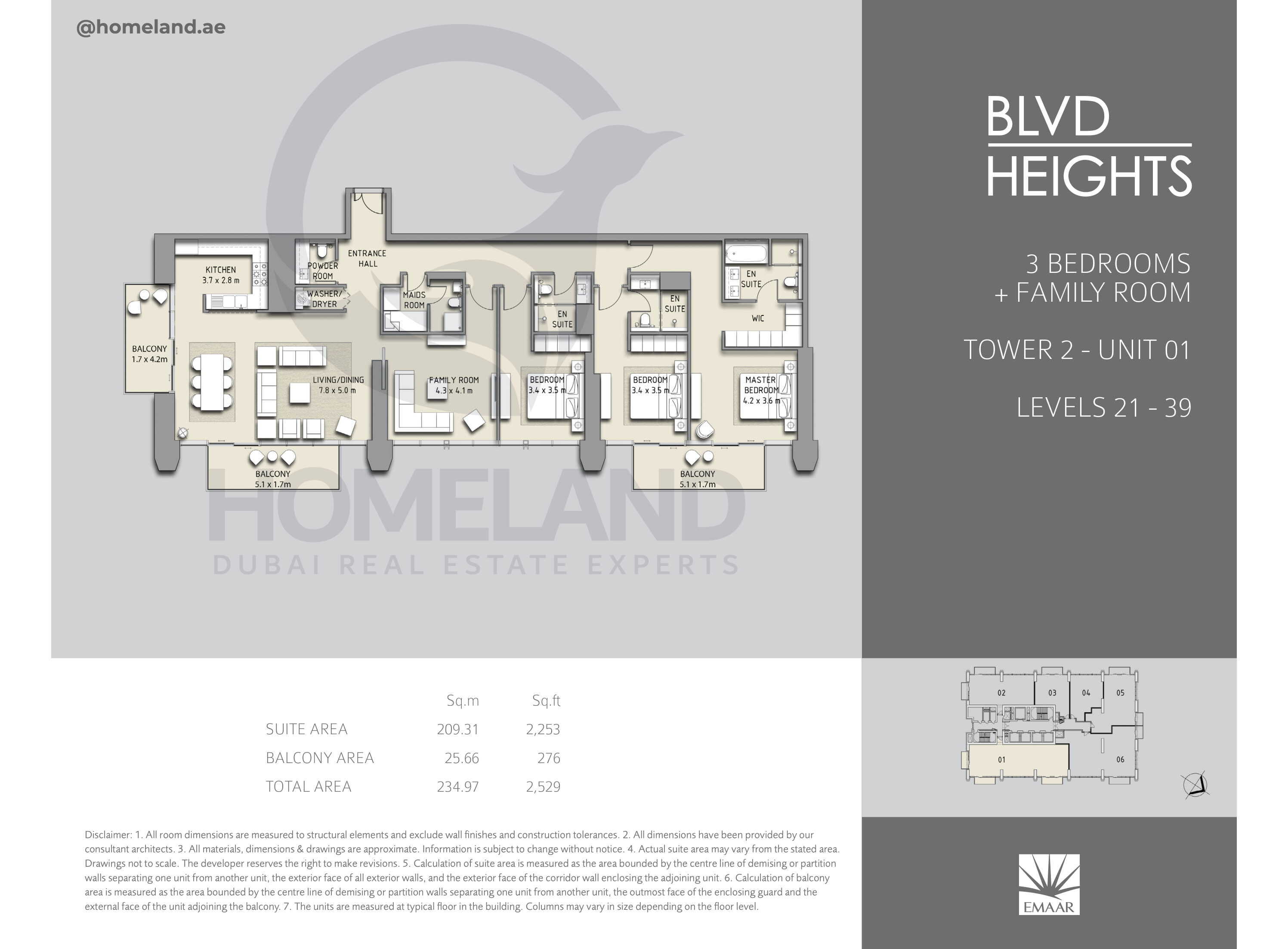 Blvd Heights T2, 3 BR+Family Room , Unit 01, Level 21-39, 2529 SQFT
