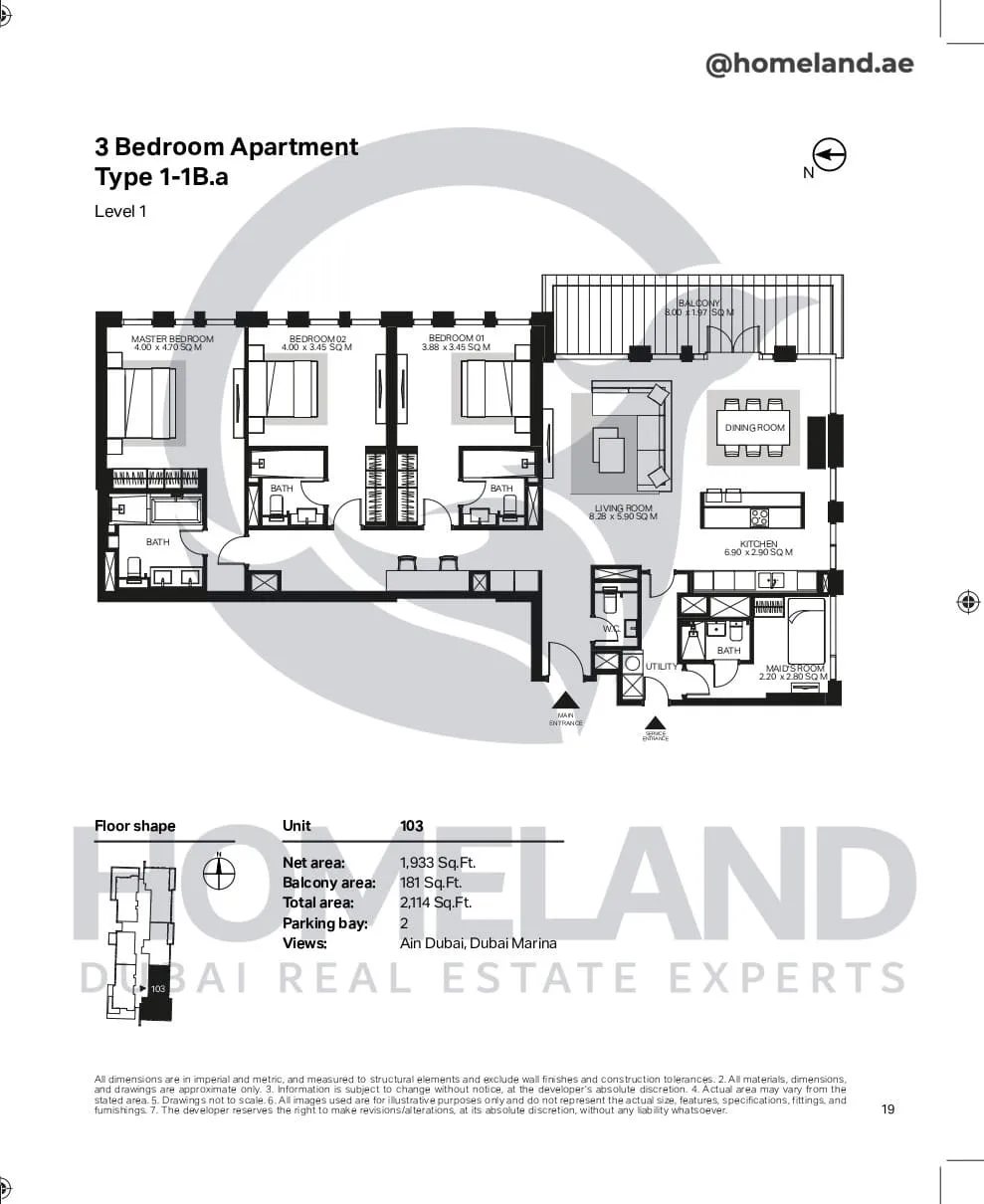 Bluewaters Residential Building Tower 6, 3 BR, Type 1-1B, Level 1, Unit 103, 2114 SQFT