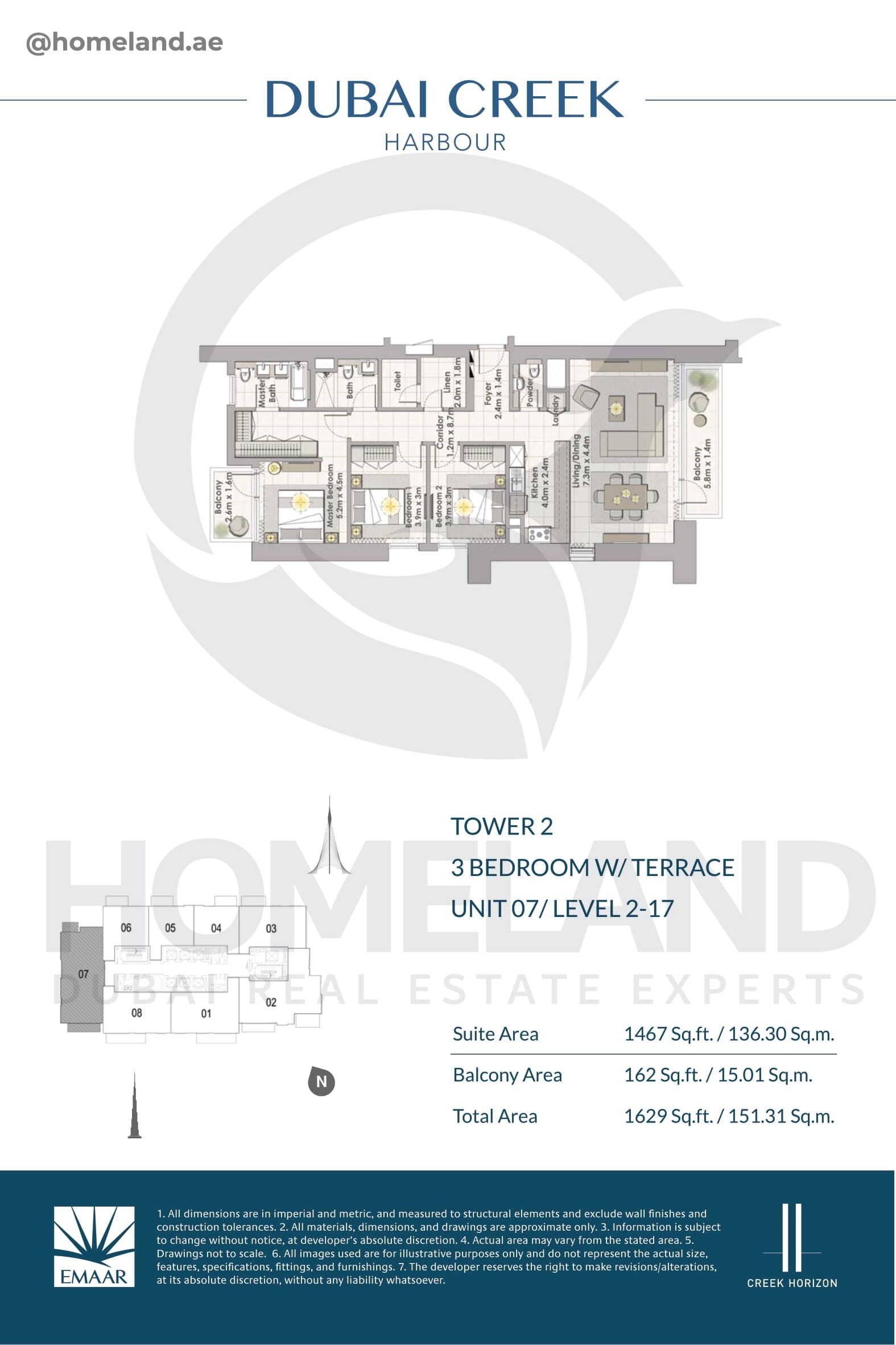 Creek Horizon, Tower 2, 3 BR Terrace, Unit 07, Level 2-17, 1629 SQFT