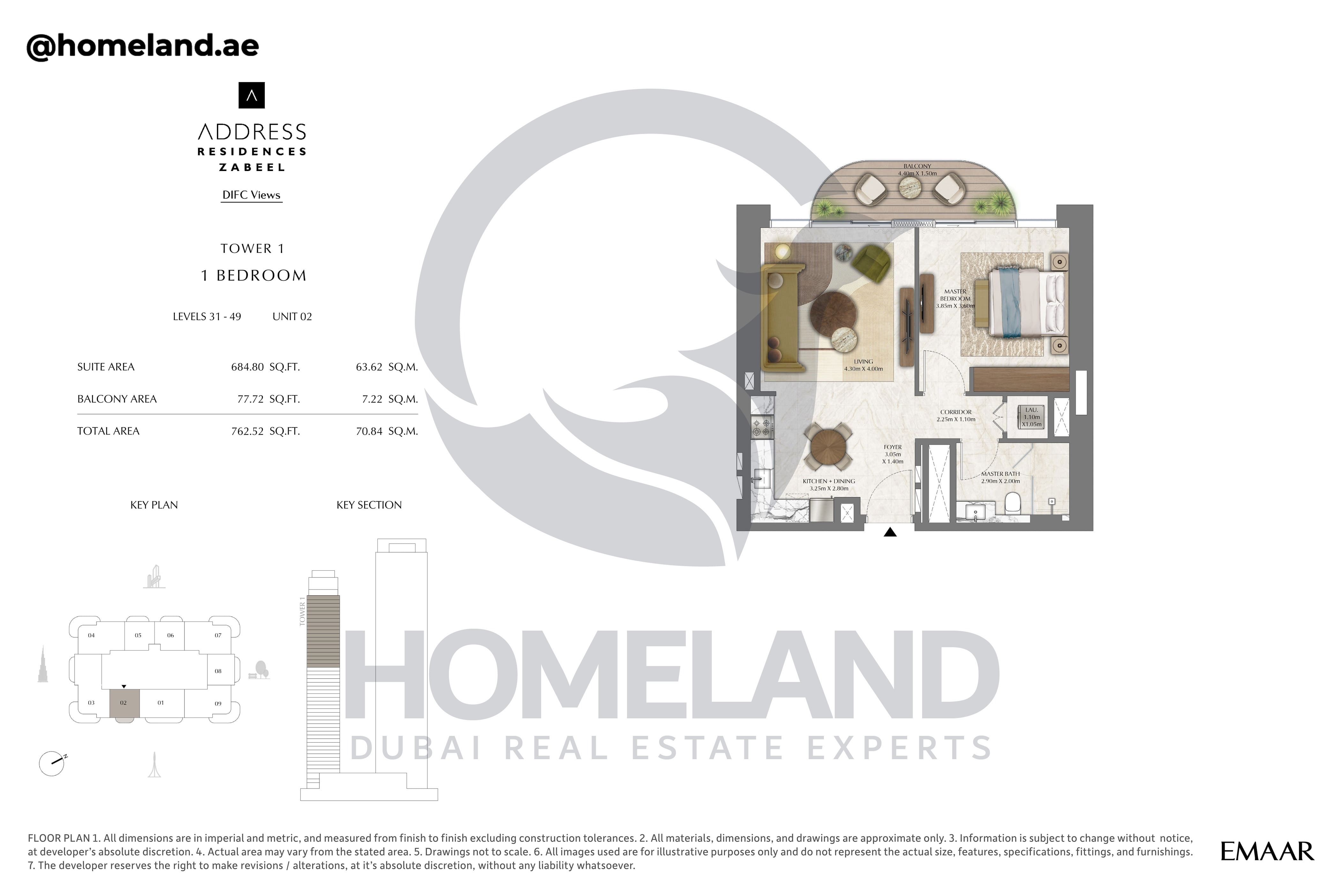 Address Residences Zabeel, Tower 1, 1BR, Level 31-49, Unit 02, 762 SQFT