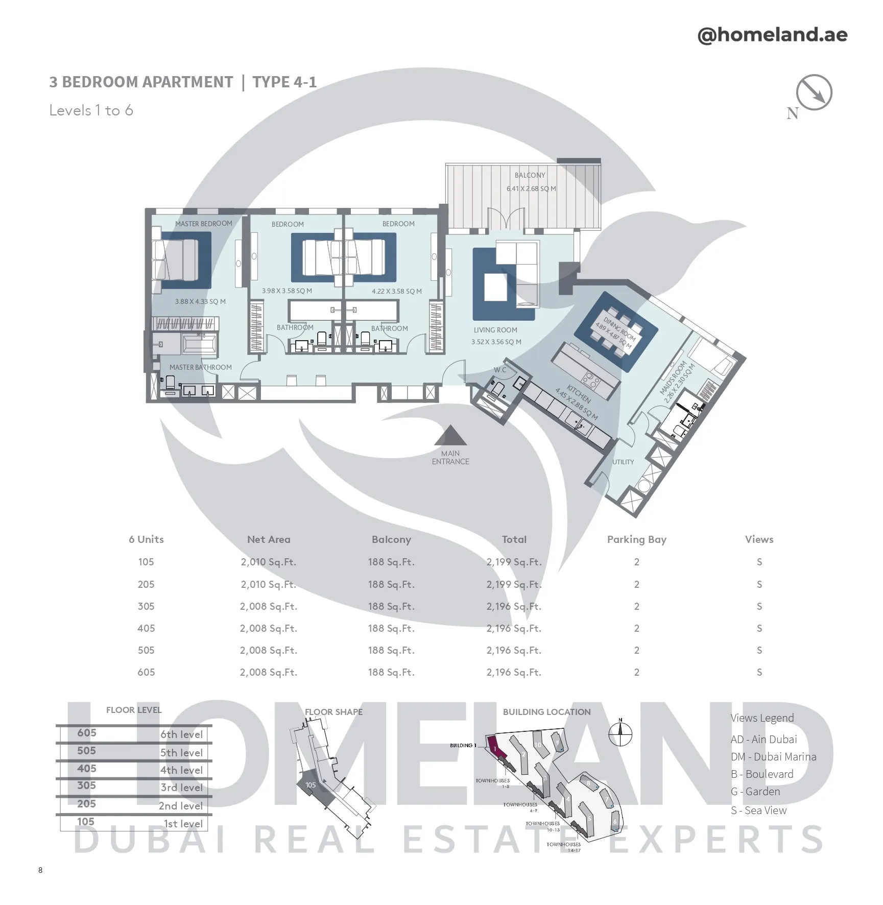 Bluewaters Residential Building Tower 1, 2 BR, Type 3-1, Level 2, Unit 201, 1494 SQFT