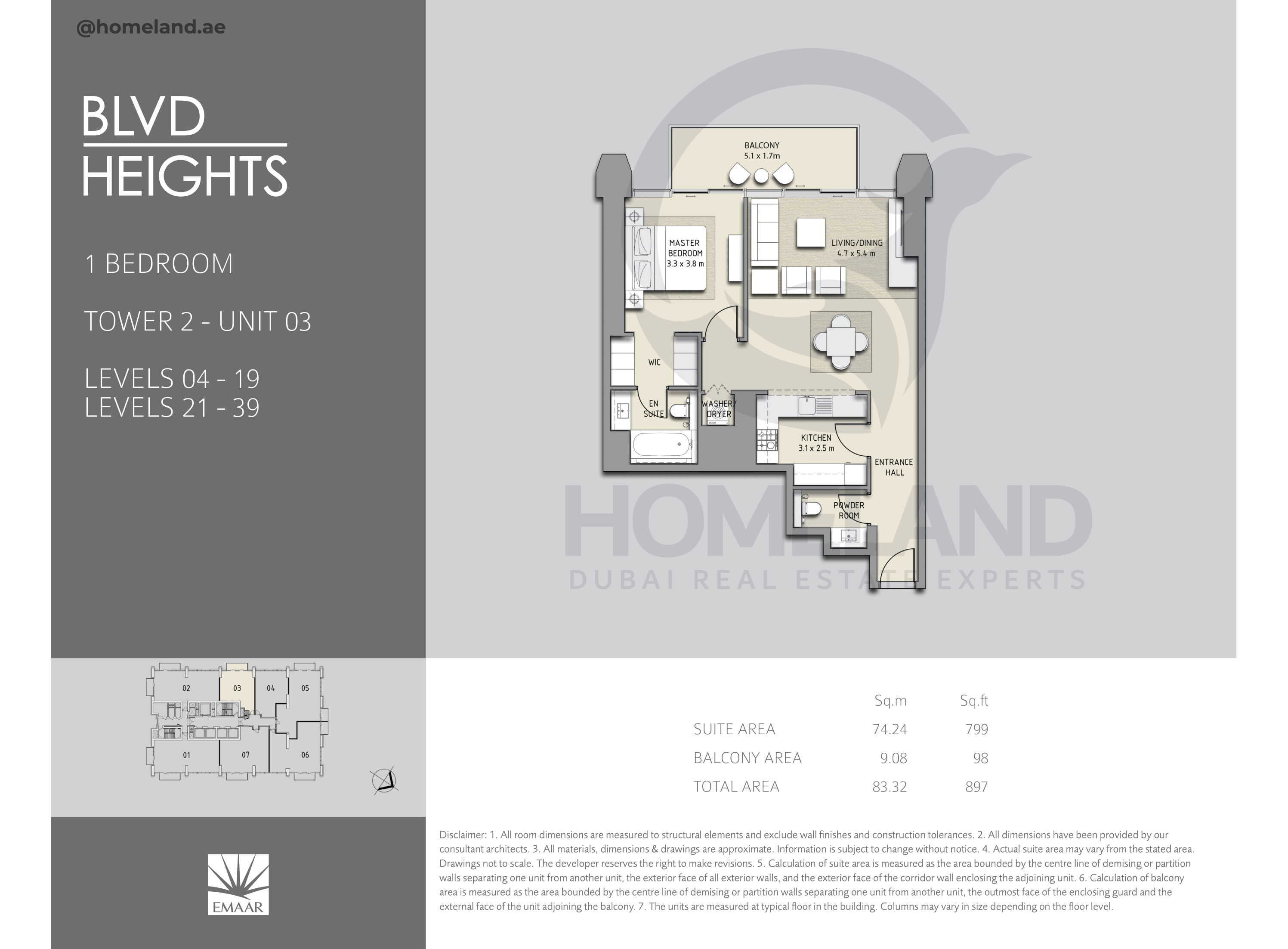 Blvd Heights T2, 1 BR, Unit 03, Level 4-19, Level 21-39, 897 SQFT