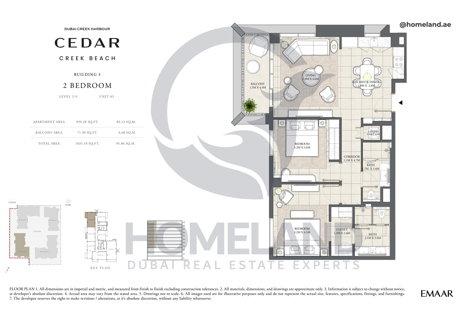 Cedar, Building 3, 2 BR, Level 2-9, Unit 05, 1031 SQFT