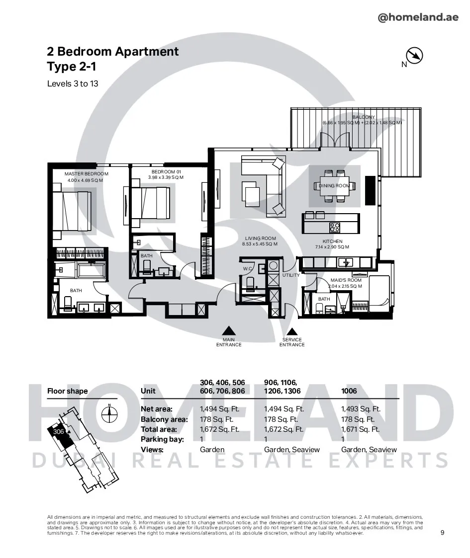 Bluewaters Residential Building Tower 7, 2 BR, Type 2-1, Level 3-13, Unit 306-406-506-606-706-806-906-1106-1206-1306, 1672 SQFT