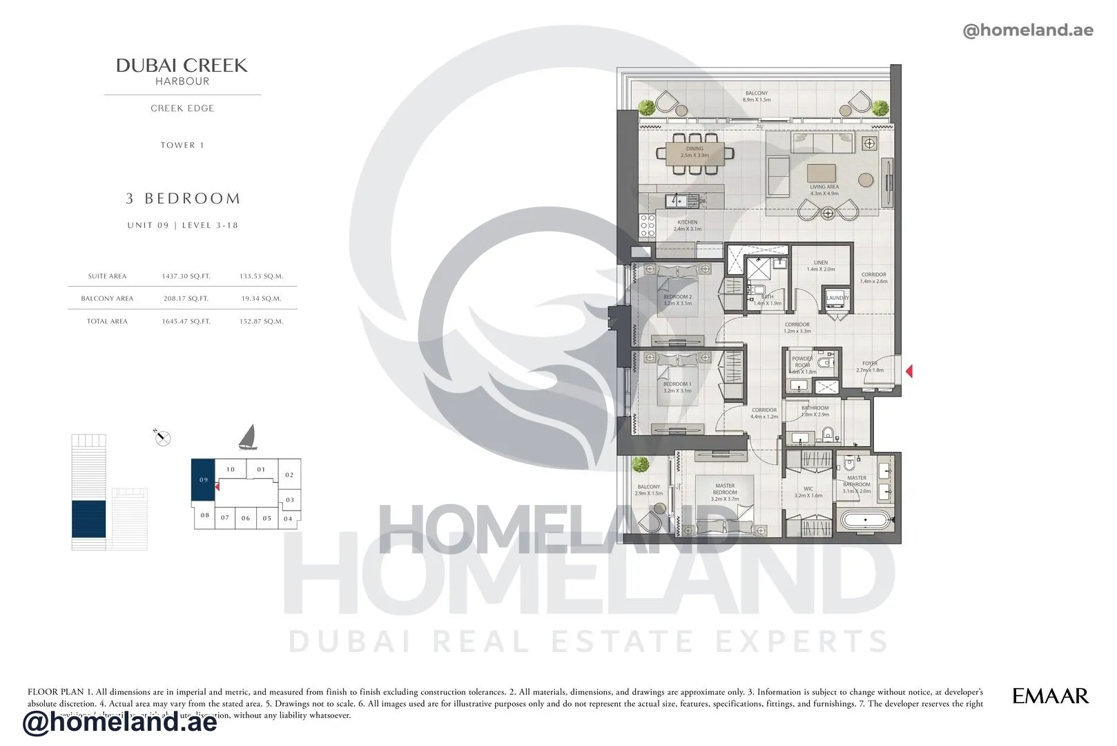 Creek Edge, Tower 1, 3 BR, Unit 09, Level 3-18, 1645 SQFT