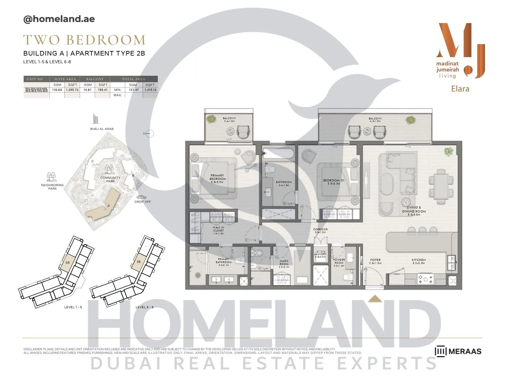 Elara, Building A, Type 2B, 2 BR, Unit 105-205-305-405-505-605-705-805, Level 1-5-6-8, 1415 SQFT