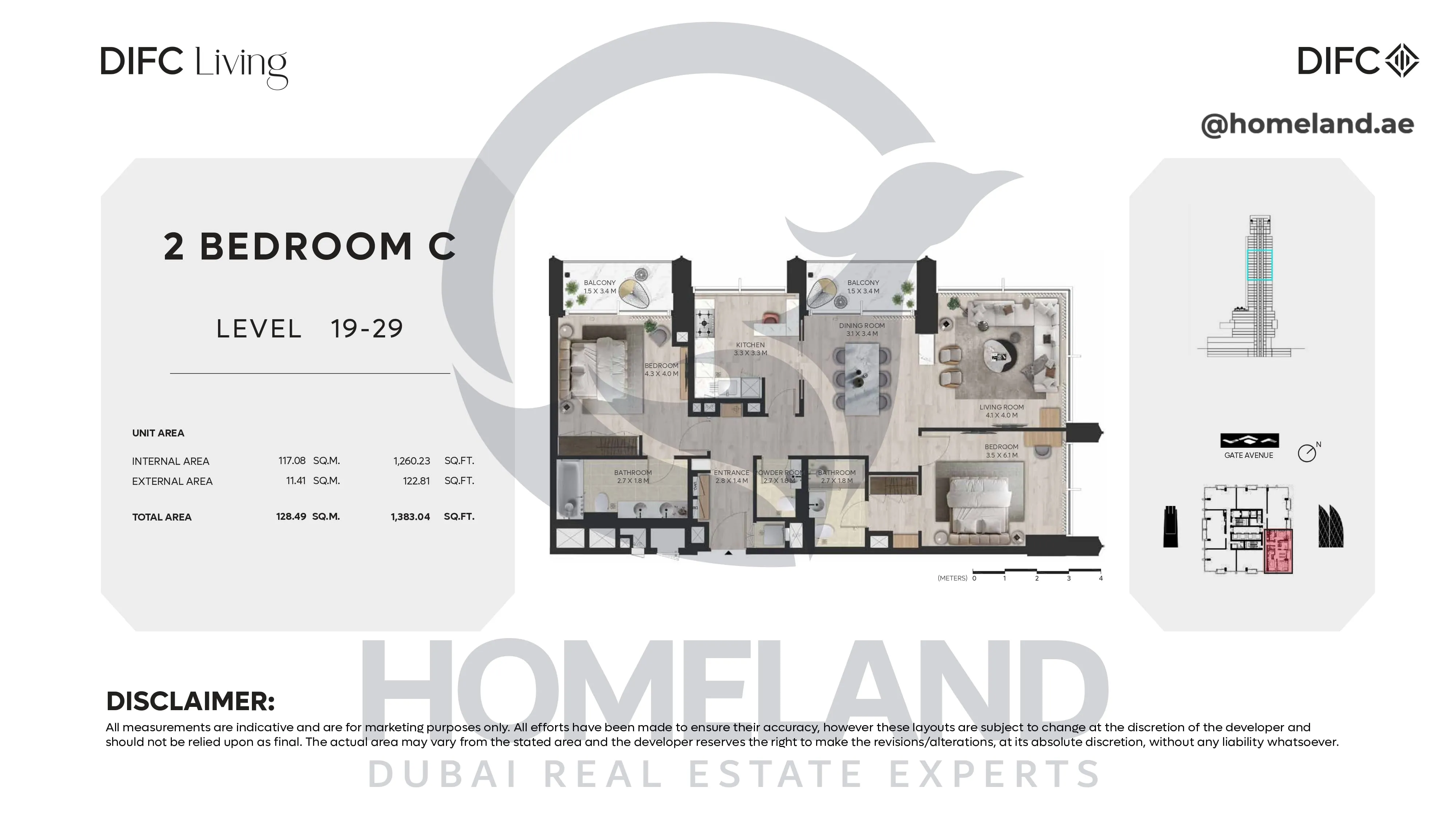 DIFC Living, 2 BR C, Level 19-29, 1383 SQFT