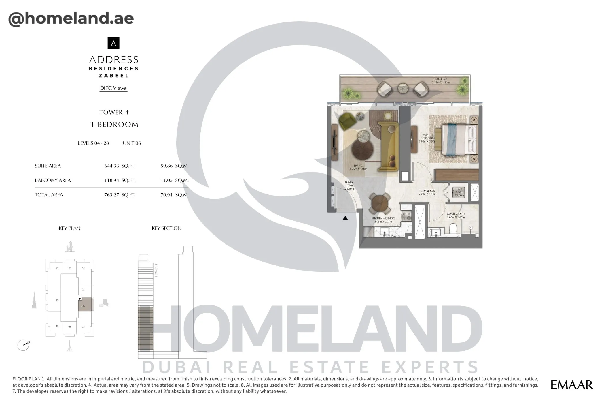 Address Residences Zabeel, Tower 4, 1BR, Level 4-28, Unit 06, 763 SQFT