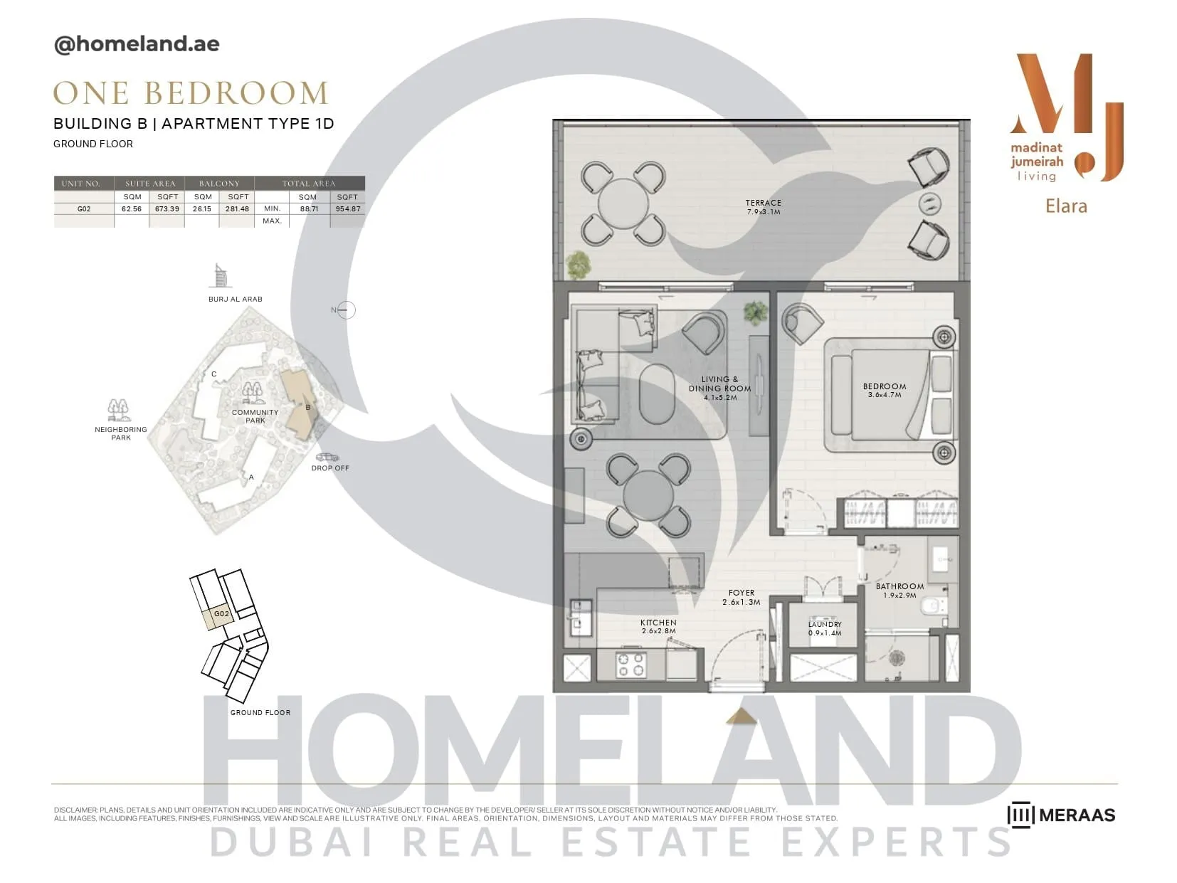 Elara, Building B, Type 1D, 1 BR, Unit G02, Ground Floor, 954 SQFT