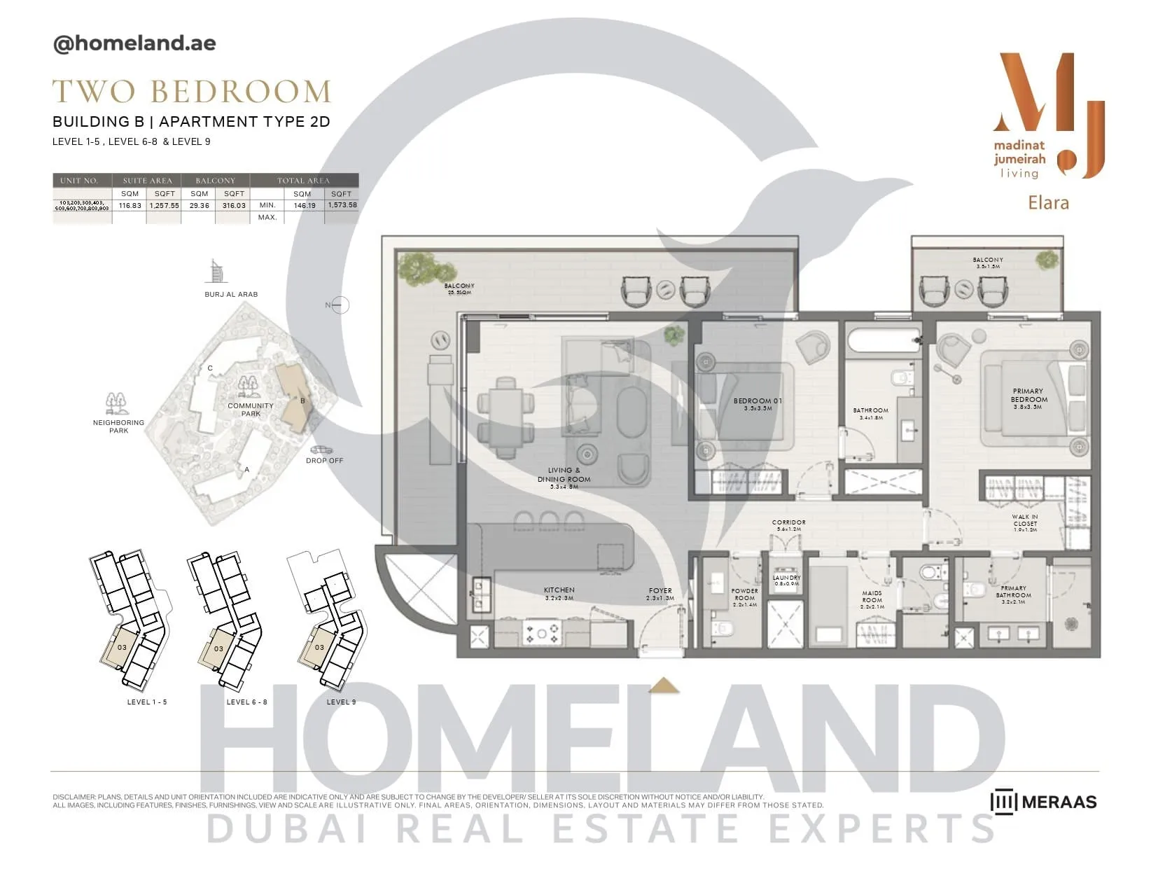 Elara, Building B, Type 2D, 2 BR, Unit 103-203-303-403-503-603-703-803-903, Level 1-5-6-8-9, 1573 SQFT