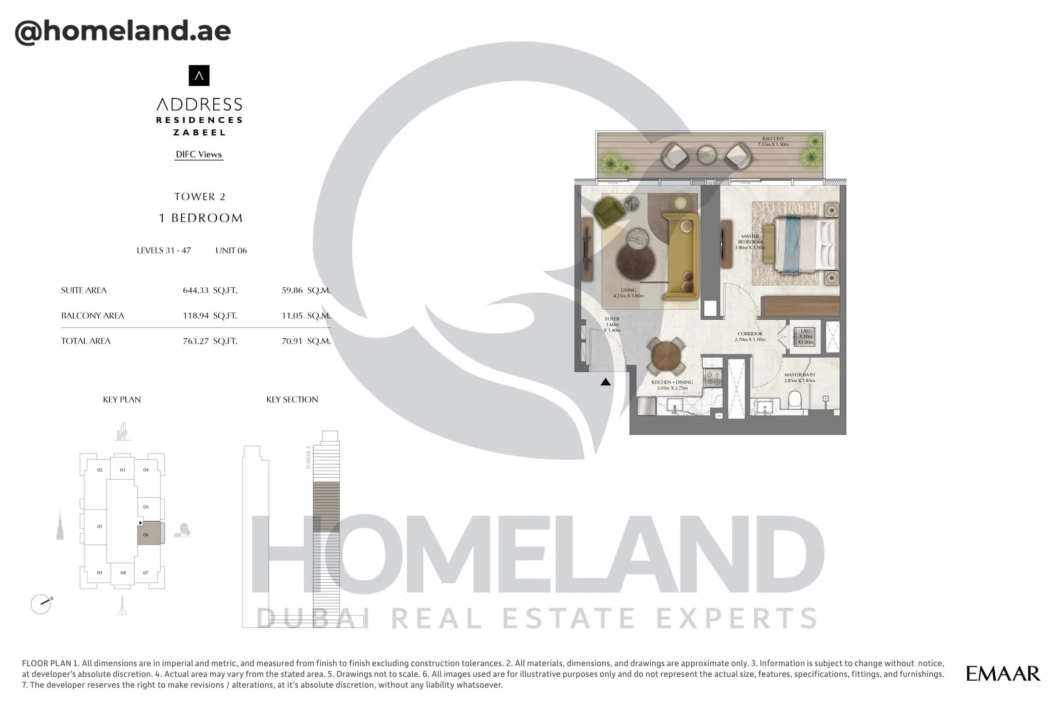 Address Residences Zabeel, Tower 2, 1BR, Level 31-47, Unit 06, 763 SQFT