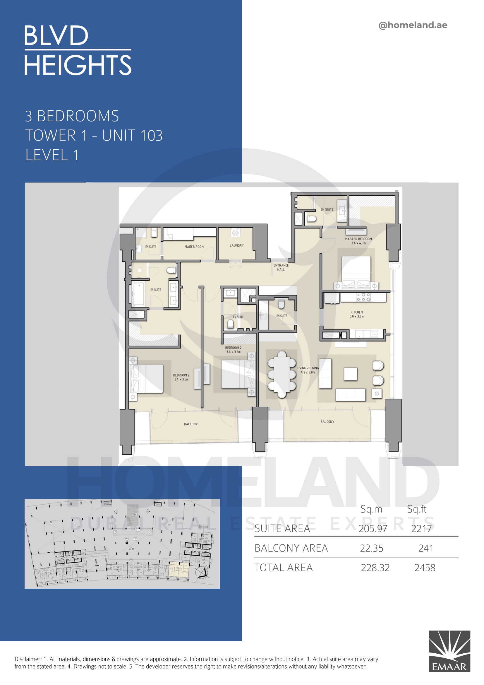 Blvd Heights T1, 3 BR, Unit 103, Level 1, 2458 SQFT