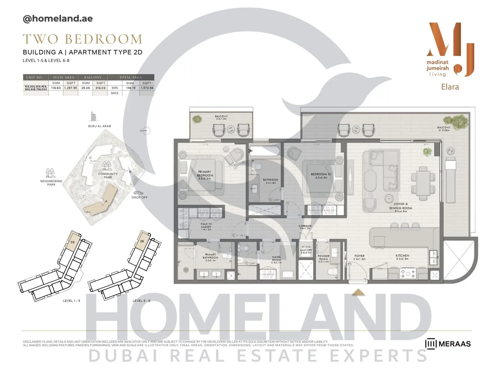 Elara, Building A, Type 2D, 2 BR, Unit 105-205-305-405-505-605-705-805, Level 1-5-6-8, 1573 SQFT