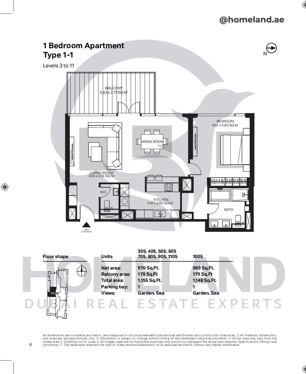 Bluewaters Residential Building Tower 6, 1 BR, Type 1-1, Level 3-11, Unit 305-405-505-605-705-805-905-1005-1105, 1155 SQFT