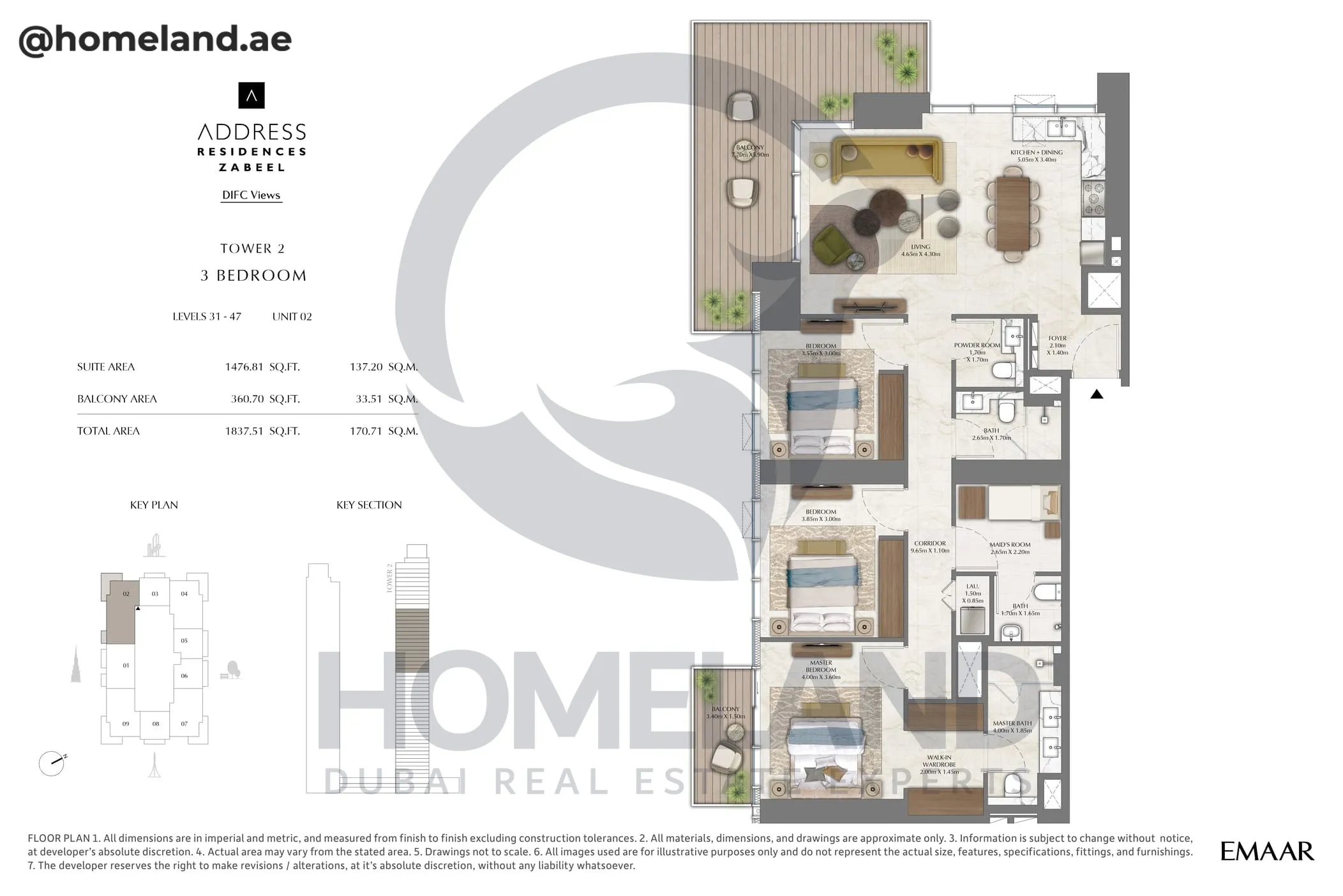 Address Residences Zabeel, Tower 2, 3BR, Level 31-47, Unit 02, 1837 SQFT