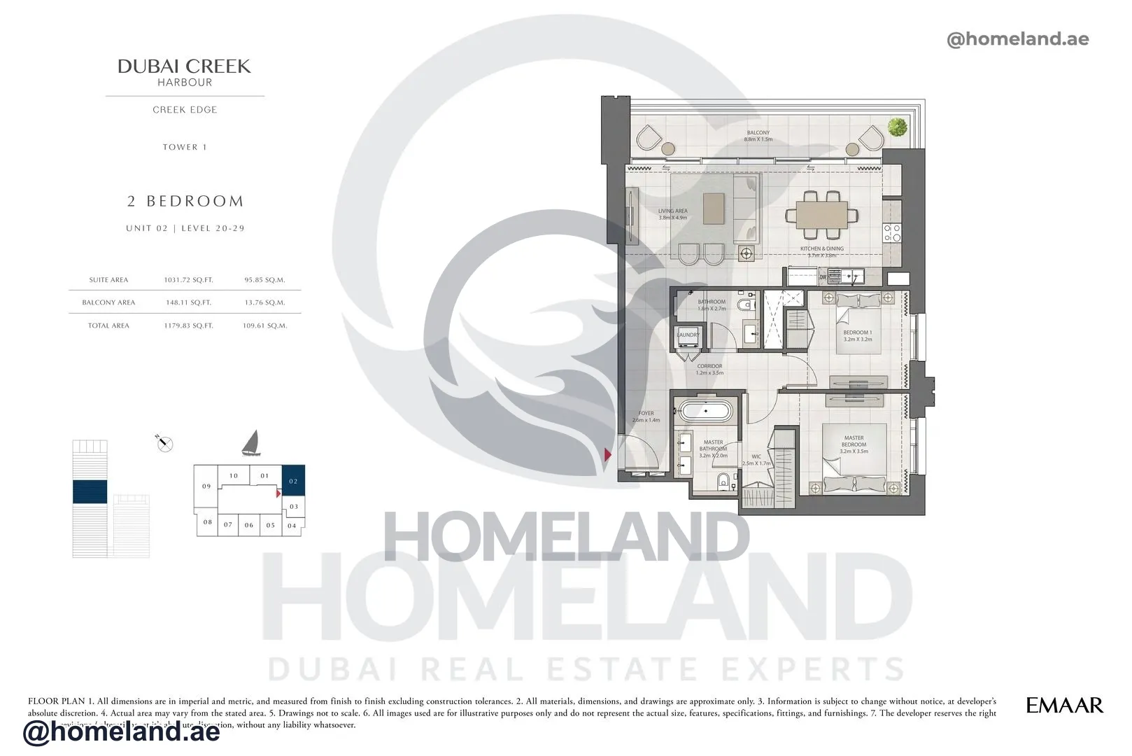 Creek Edge, Tower 1, 2 BR, Unit 02, Level 20-29, 1179 SQFT