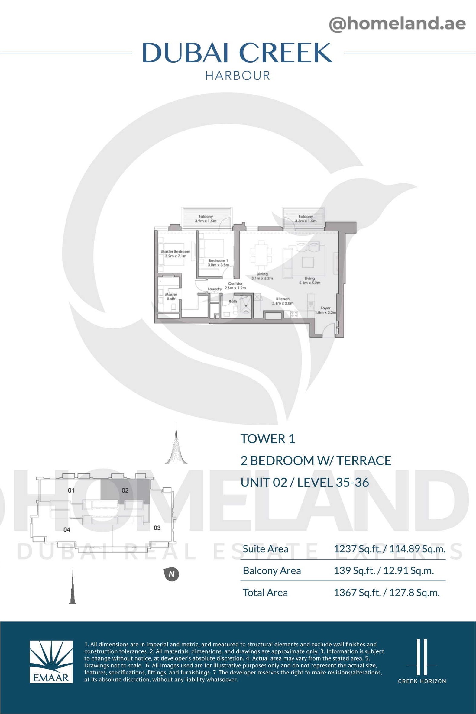 Creek Horizon, Tower 1, 2 BR Terrace, Unit 02, Level 35-36, 1367 SQFT