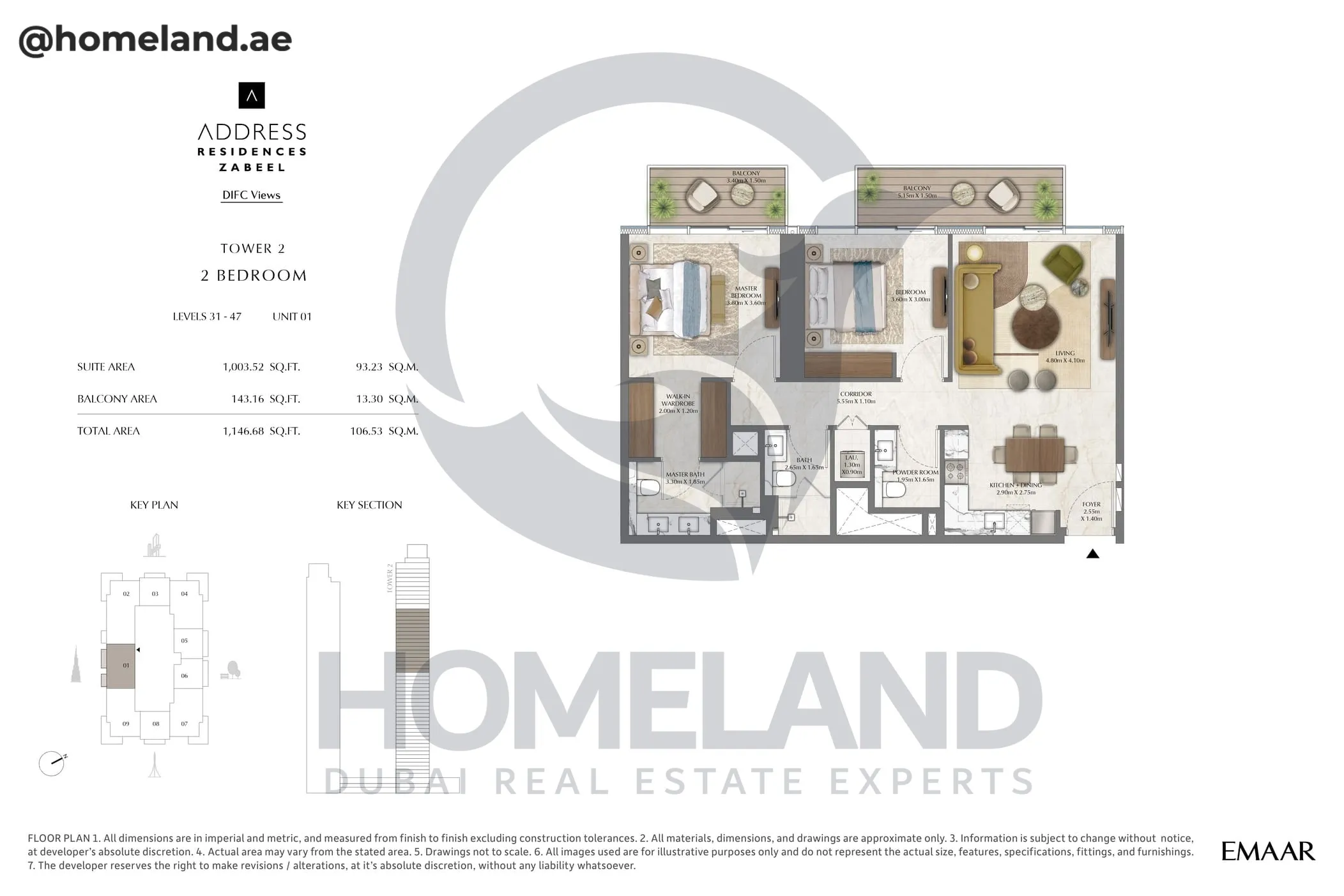 Address Residences Zabeel, Tower 2, 2BR, Level 31-47, Unit 01, 1146 SQFT