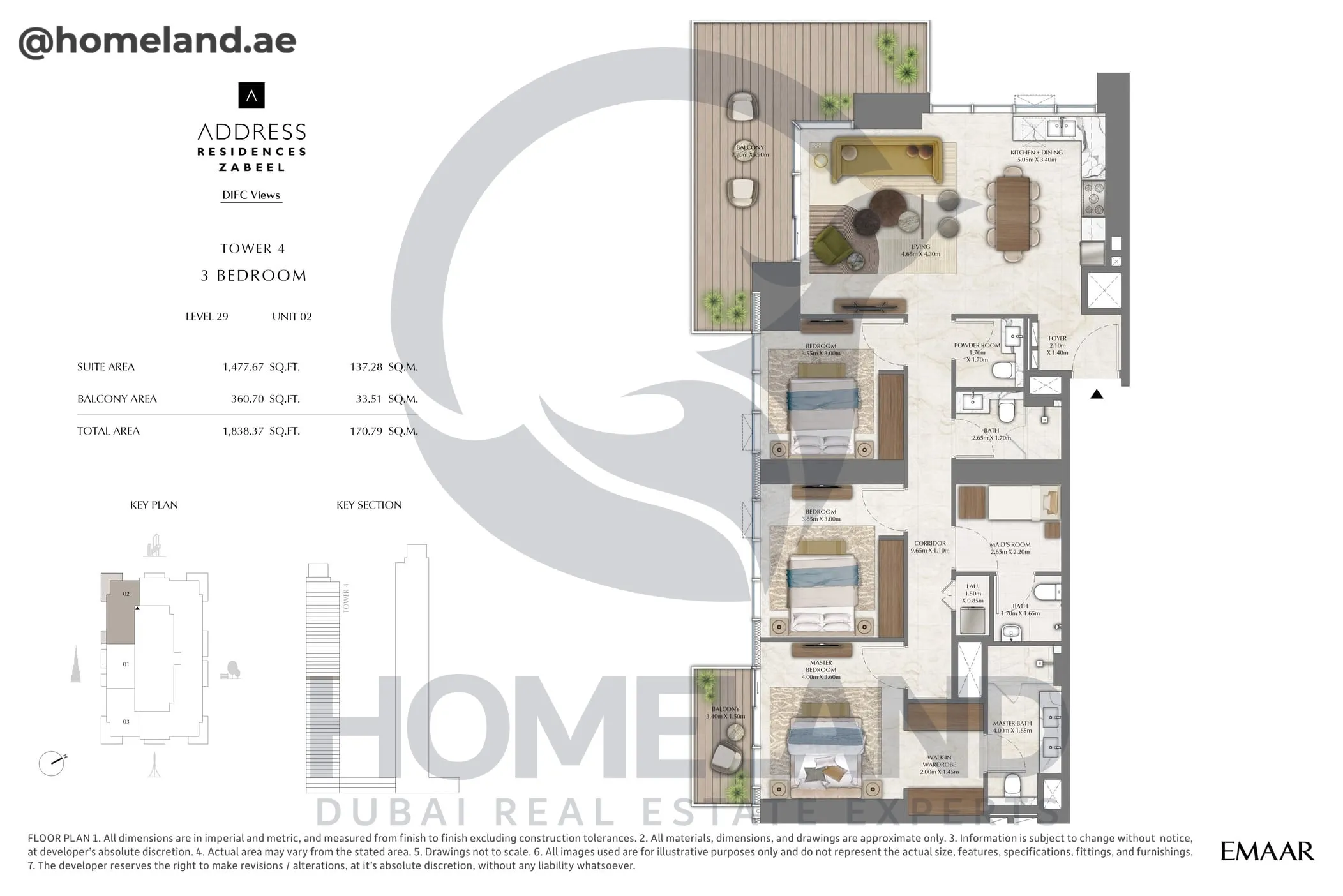 Address Residences Zabeel, Tower 4, 3BR, Level 29, Unit 02, 1838 SQFT