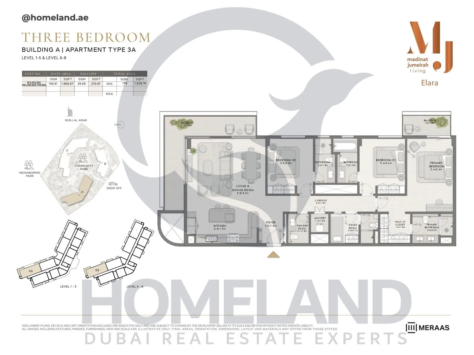 Elara, Building A, Type 3A, 3 BR, Unit 103-203-303-403-503-603-703-803, Level 1-5-6-8, 1926 SQFT