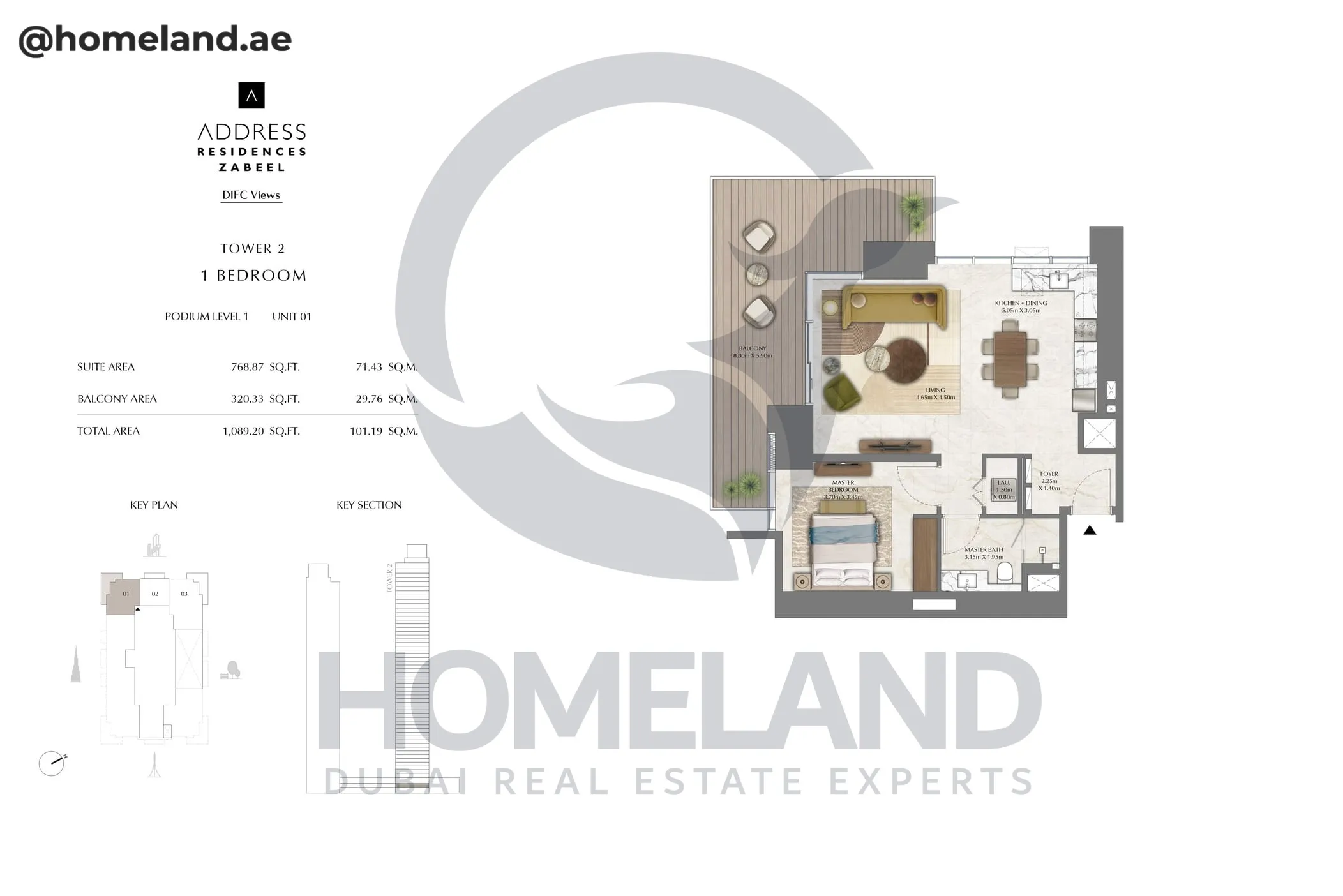 Address Residences Zabeel, Tower 2, 1BR, Podium Level 1, Unit 01, 1089 SQFT