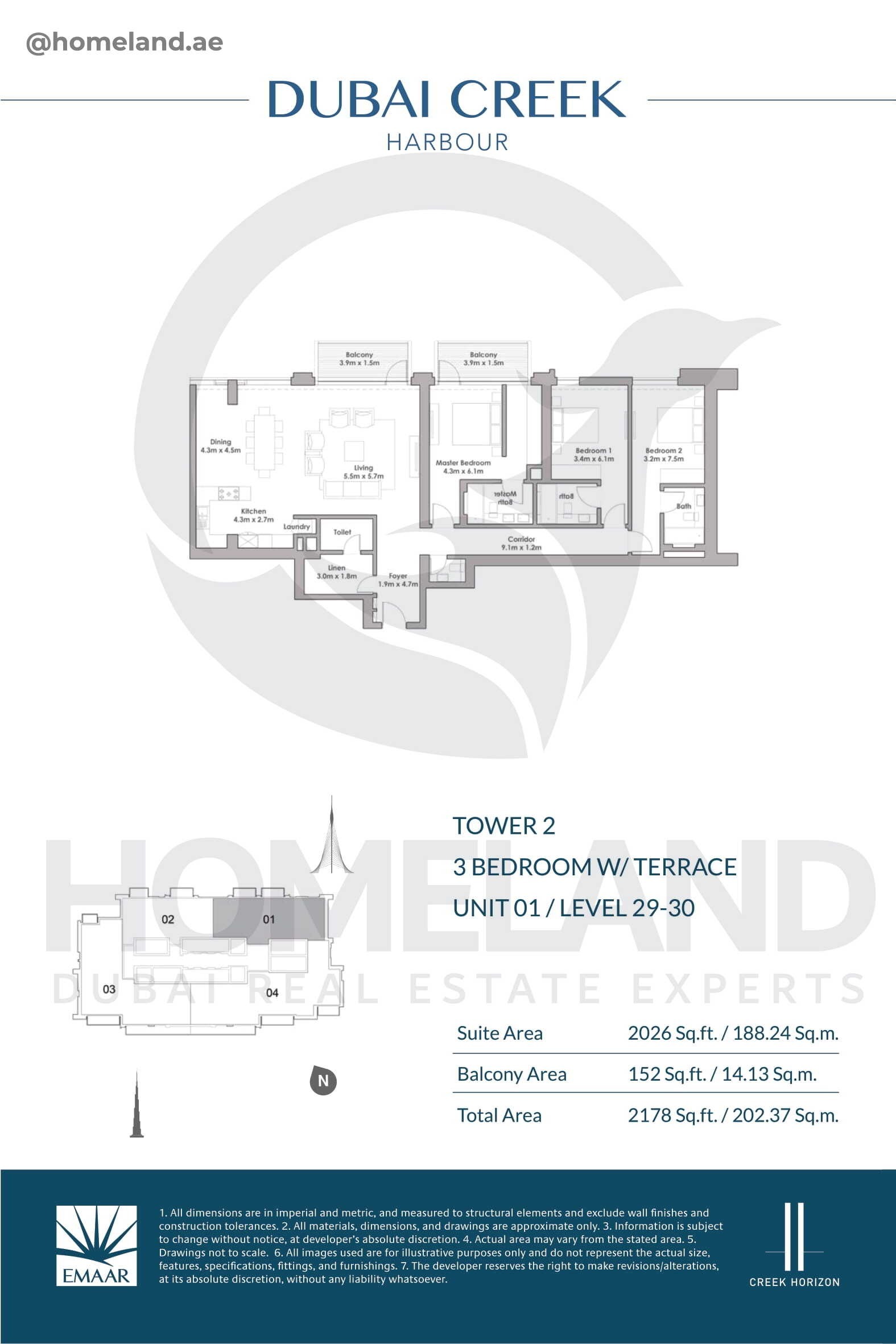 Creek Horizon, Tower 2, 3 BR Terrace, Unit 01, Level 29-30, 2178 SQFT