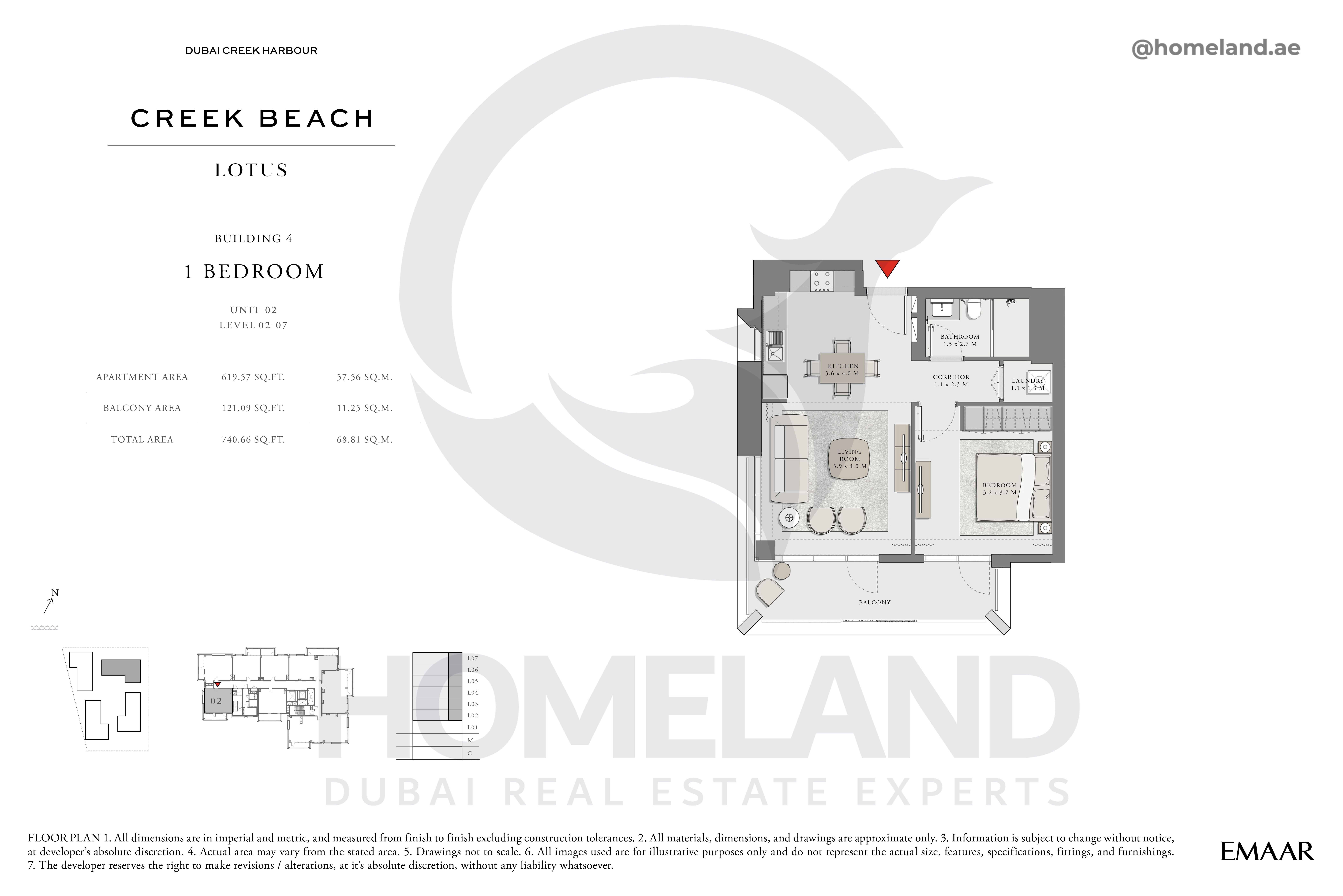 Lotus, 1 BR, Unit 02, Level 2-7, 740 SQFT
