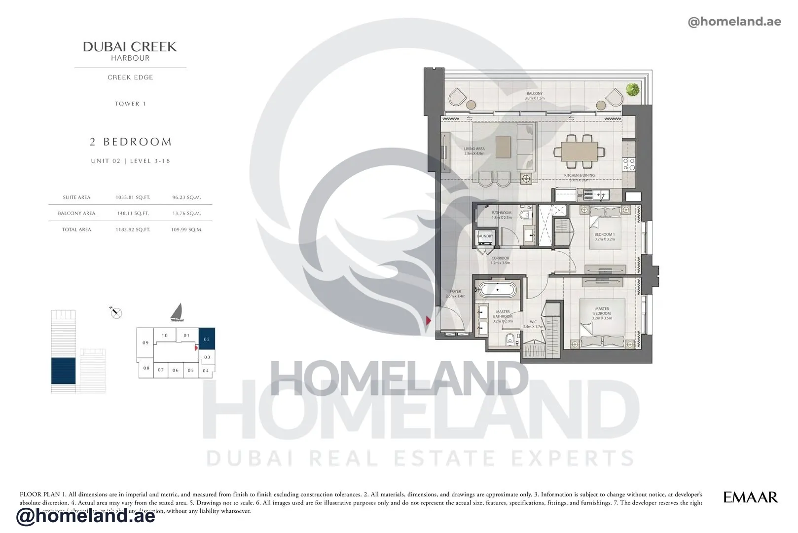 Creek Edge, Tower 1, 2 BR, Unit 02, Level 3-18, 1183 SQFT