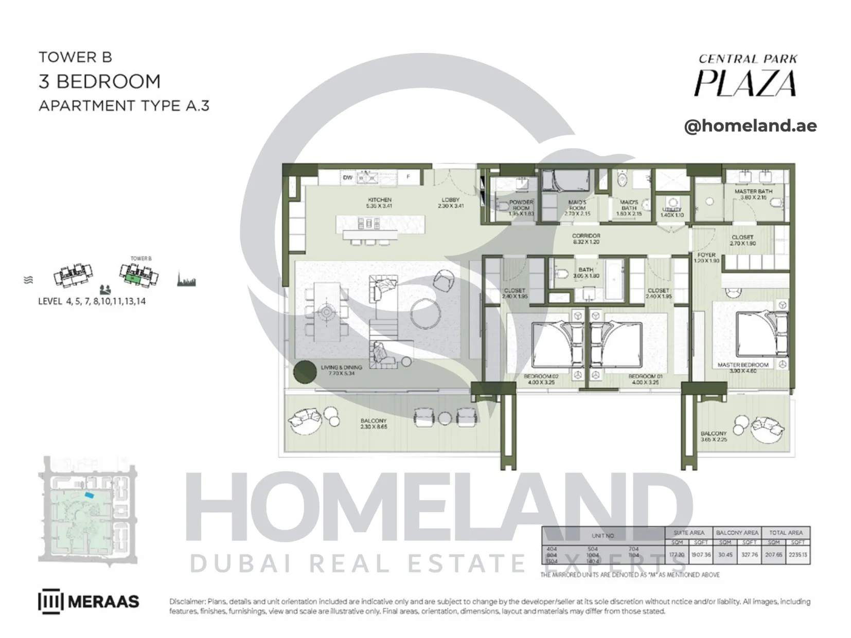 Central Park Plaza, Tower B, 3 BR, Type A.3, Level 4-5-7-8-10-11-13-14, 2235 SQFT