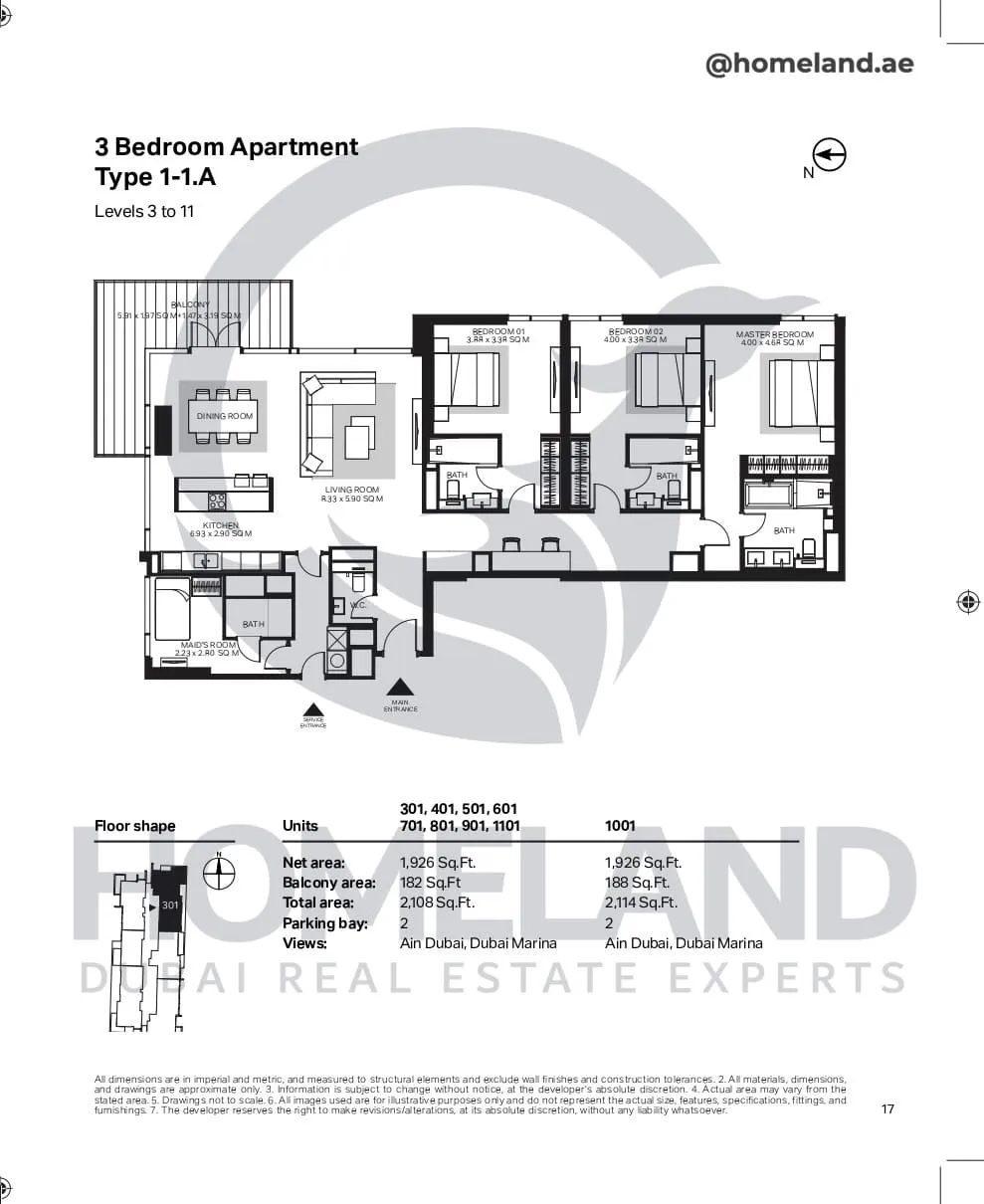 Bluewaters Residential Building Tower 6, 3 BR, Type 1-1A, Level 3-11, Unit 301-401-501-601-701-801-901-1001-1101, 2114 SQFT